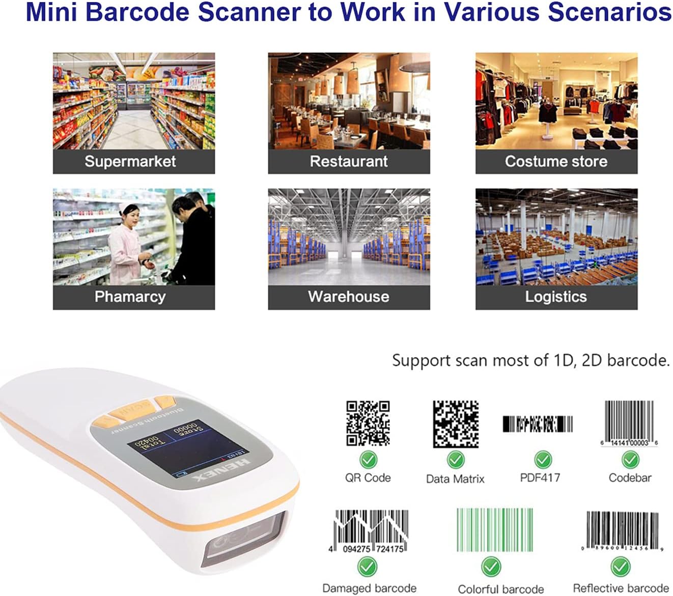 Mini Bluetooth 2D Barcode Scanner with LCD Screen Portable Wireless QR Code Scanner 3-in-1 BT & Wired & Wireless Bar Code Reader, Connect Phone, Tablet, PC,Work with Windows, Mac,Android, iOS