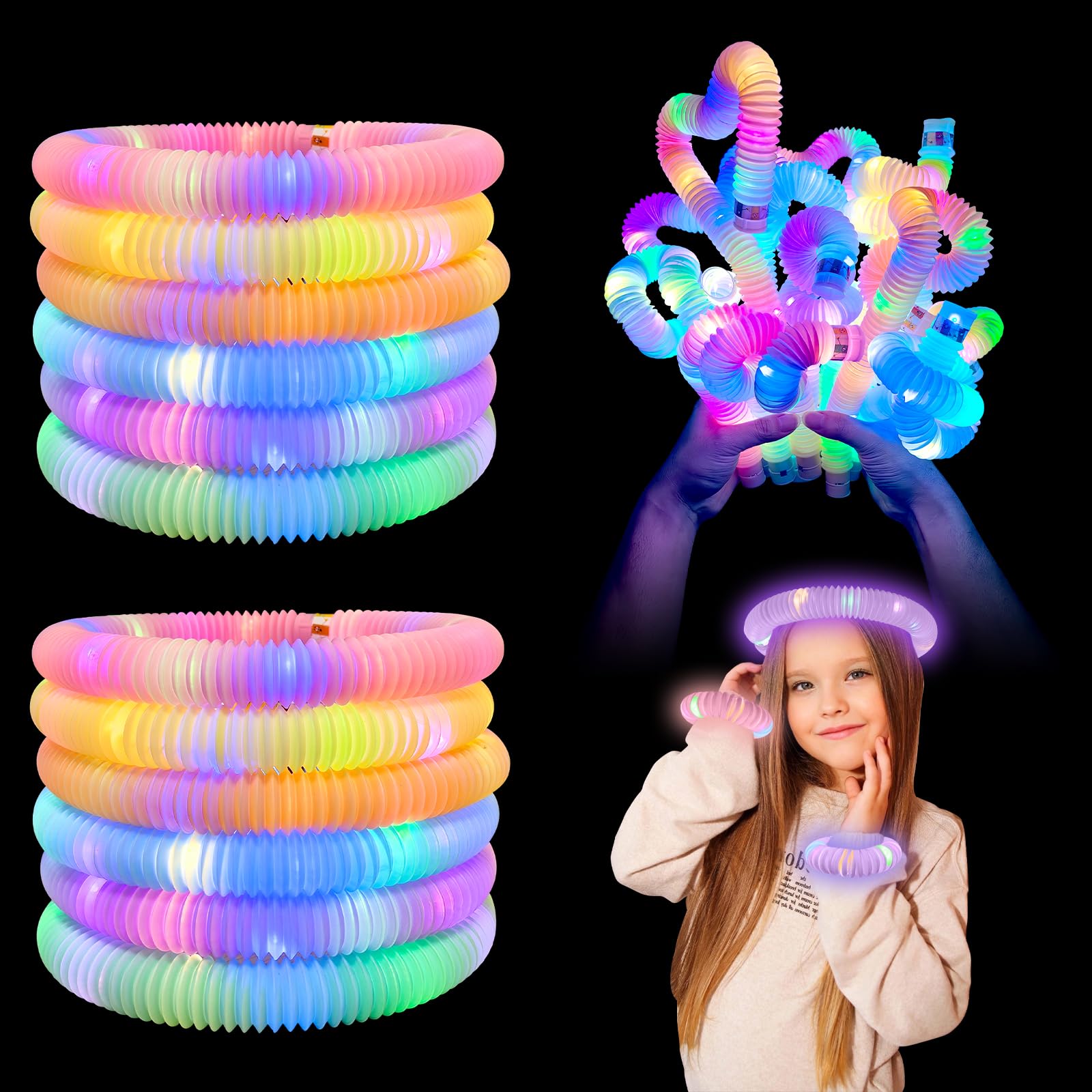 12 Pack Pop Tubes Lumineux Fidget Jouets Sensoriels de Tuyau pour Enfant Baton lumineux LED Bâtons Lumineux Party Favours Fournitures de Fête Lumineuses (Macarons)