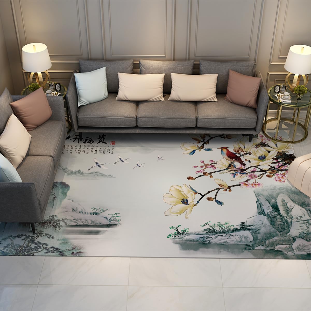 Tapis paysagers chinois style estampe pour salon élégant