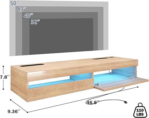 Miniatura 4 de Soporte flotante para TV Estante de TV montado en la pared de 47 pulgadas de largo con toma de corriente, moderno centro de entretenimiento de