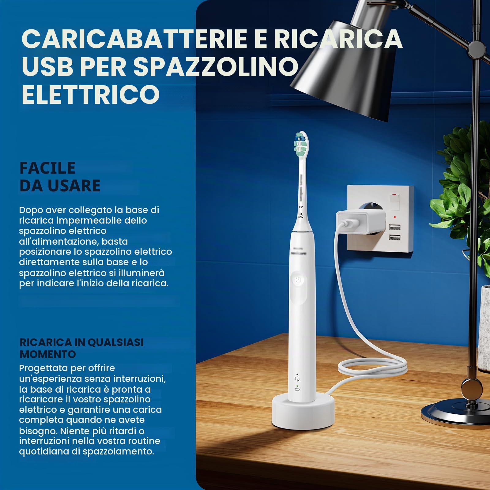 Caricatore USB compatibile con Philips Sonicare 4100 spazzolino elettrico 5500 5300 4100 3100 2100 1100 ricarica con adattatore di rete