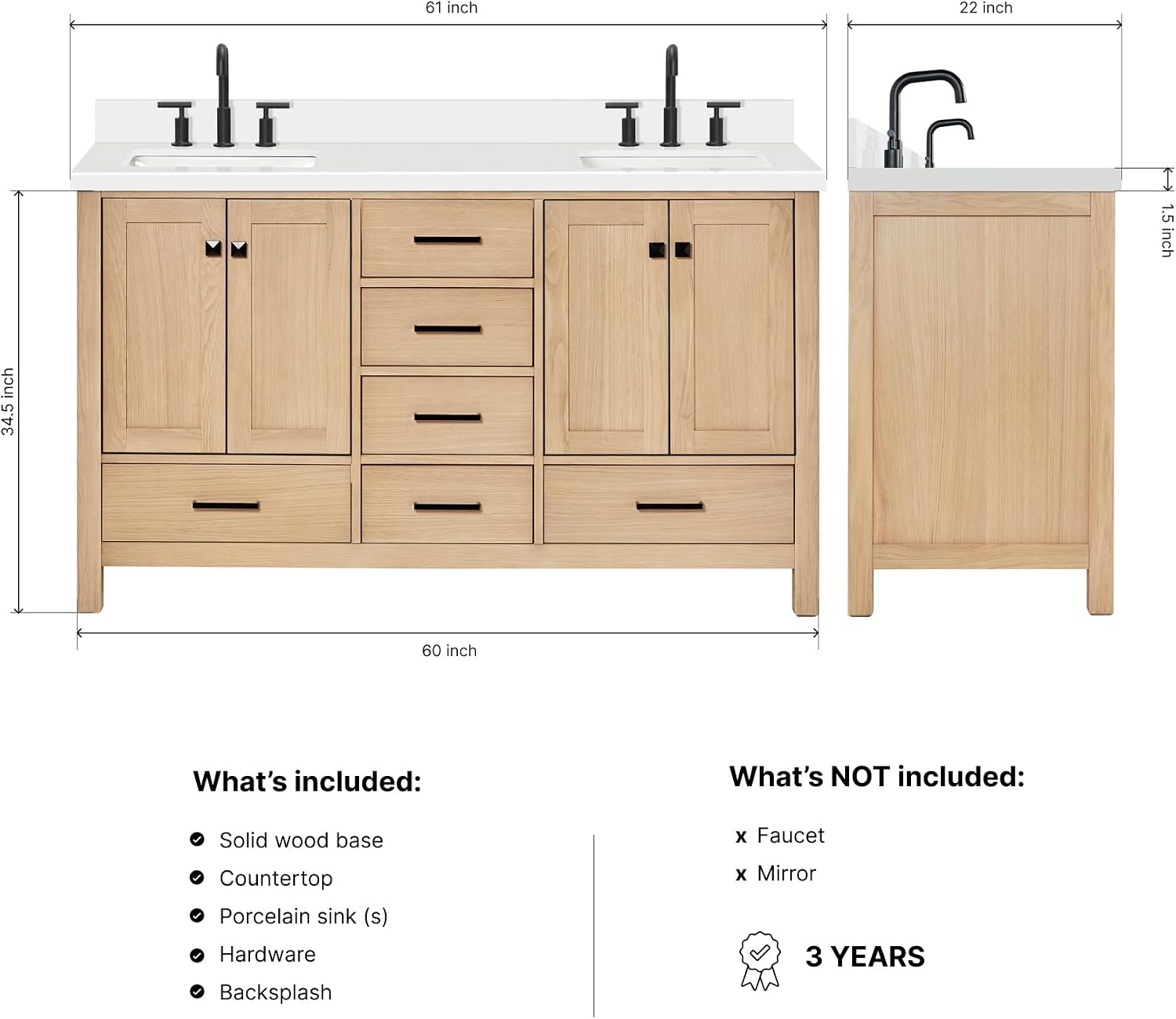 ARIEL Cambridge 60-inch Bathroom Vanity with Sink,Solid Wood, 1.5-inch Pure White Quartz Countertop, Double Rectangular Porcelain Sink, 4 Soft Closing Doors, 6 Dovetail Drawers, White Oak