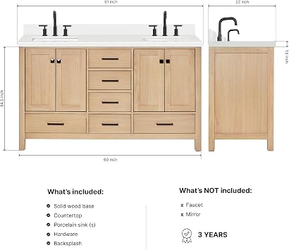 DKB Beckford 60-Inch Oak Double Bathroom Vanity with Sink, Pure White Quartz Countertop 1.5 Edge & 4 Backsplash, Soft Closing Doors & Drawers, Matte Black Hardware