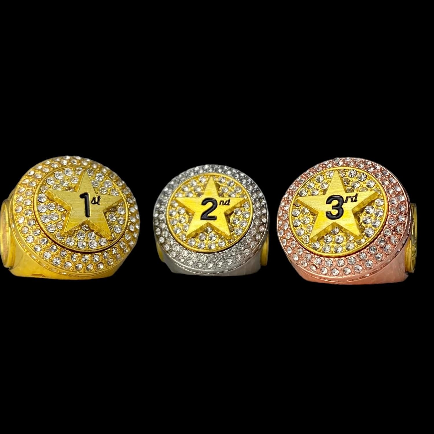 Legacy Rings 1st 2nd 3rd Place Championship Trophy Ring Star Award Set Funny Gift for Tournament or League Champion Winner Finalist Participant Gold Silver Bronze Tone