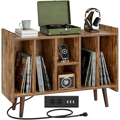 NUMENN Large Record Player Stand, Vinyl Record Storage Table with Power Outlet Holds Up to 220 Albums, Turntable Stand Cabinet with Wood Legs,Display Shelf for Living Room, Bedroom, Vintage Brown