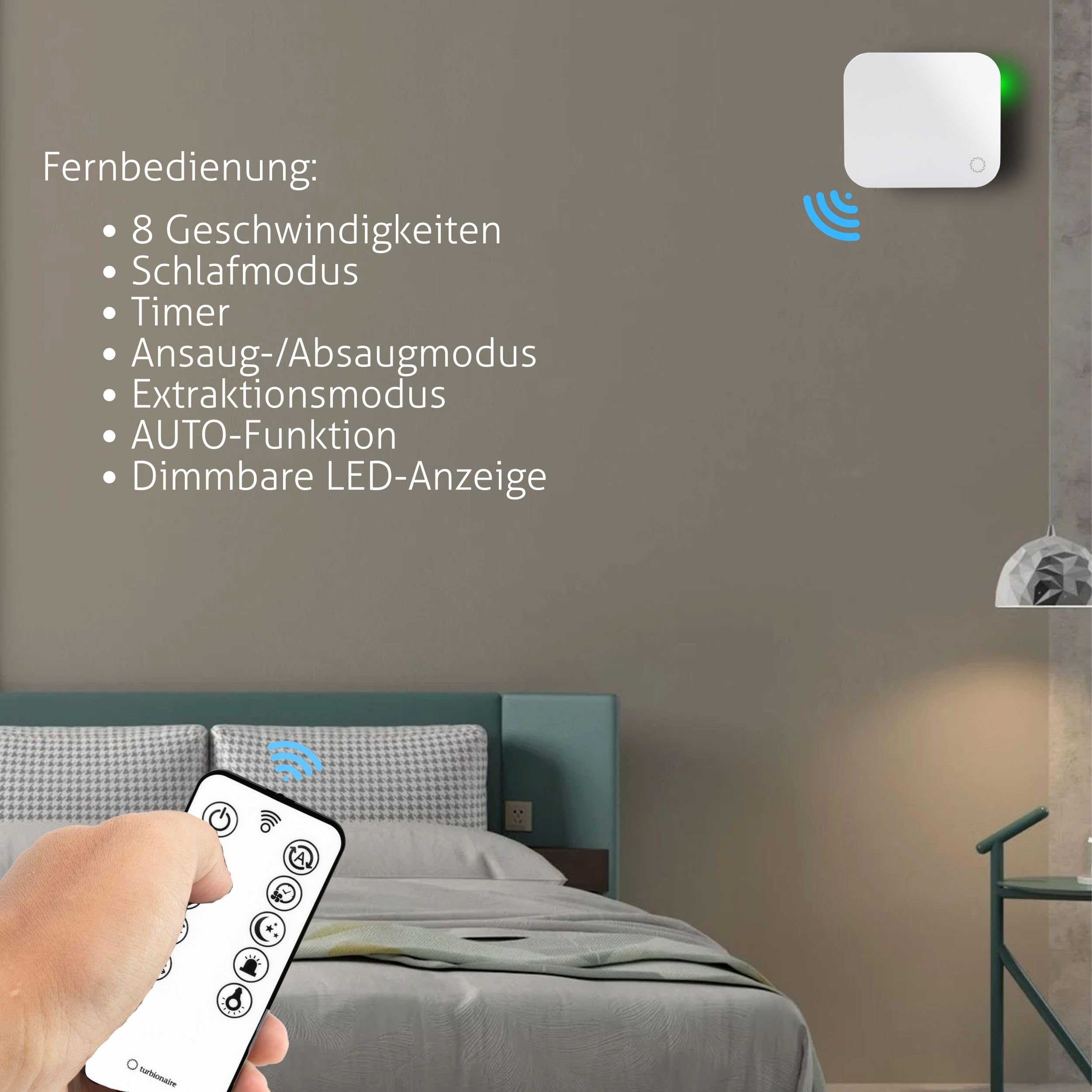 Turbionaire Trend HRV CMV Dezentrale Wohnraumlüftung mit Keramik-Wärmerückgewinnung, Feuchtigkeitssensor,Fernbedienung,Timer, Schlafmodus, 8 Lüftungsstufen, 3 Jahre Garantie, 100 mm
