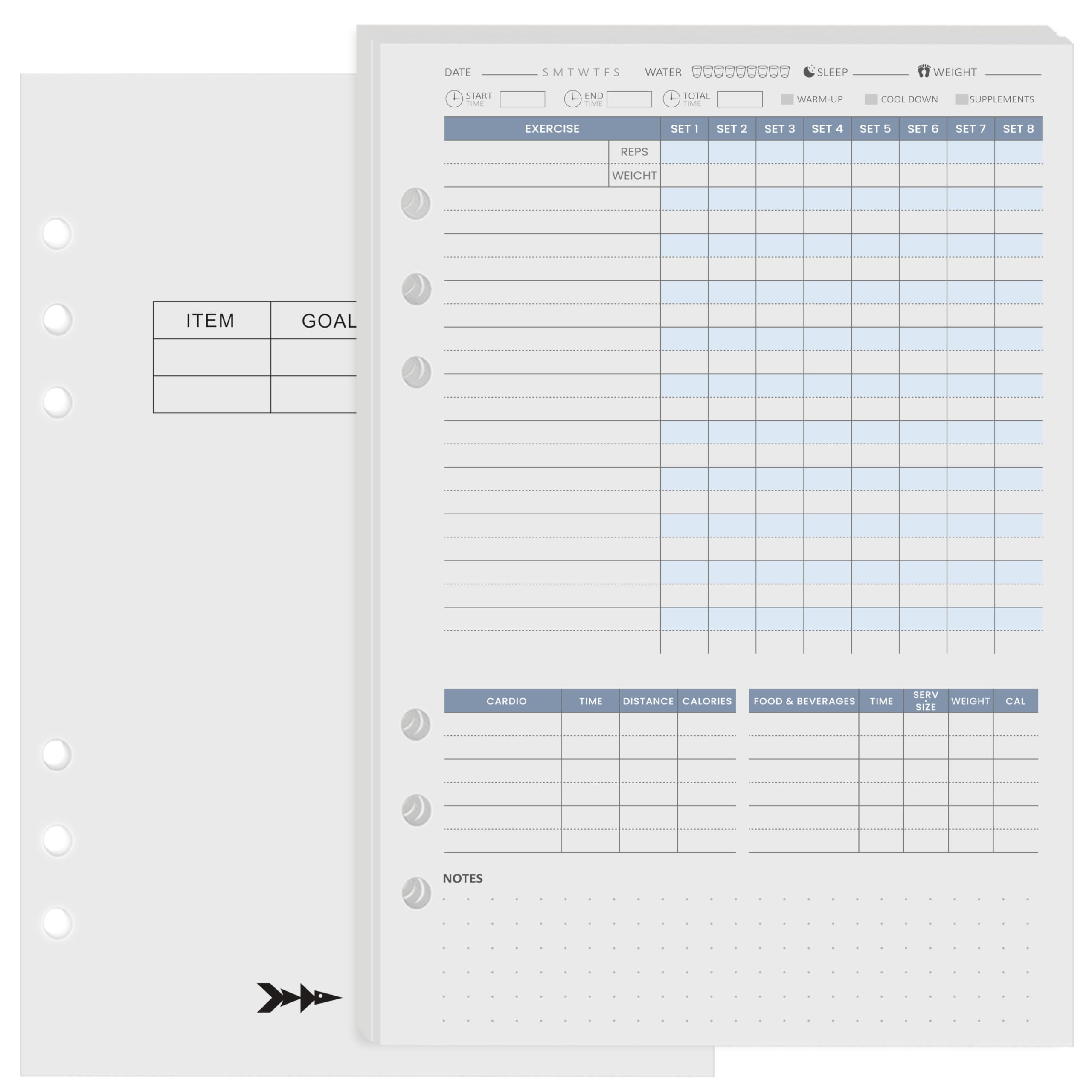 Harphia Workout Tracker Planner Refills, Fitness Journal Notebook Insert Paper for Men and Women, 6 Holes Loose Leaf Paper for Binder, A5(8.27x5.71"),Double Sided Printed,Effective and Professional