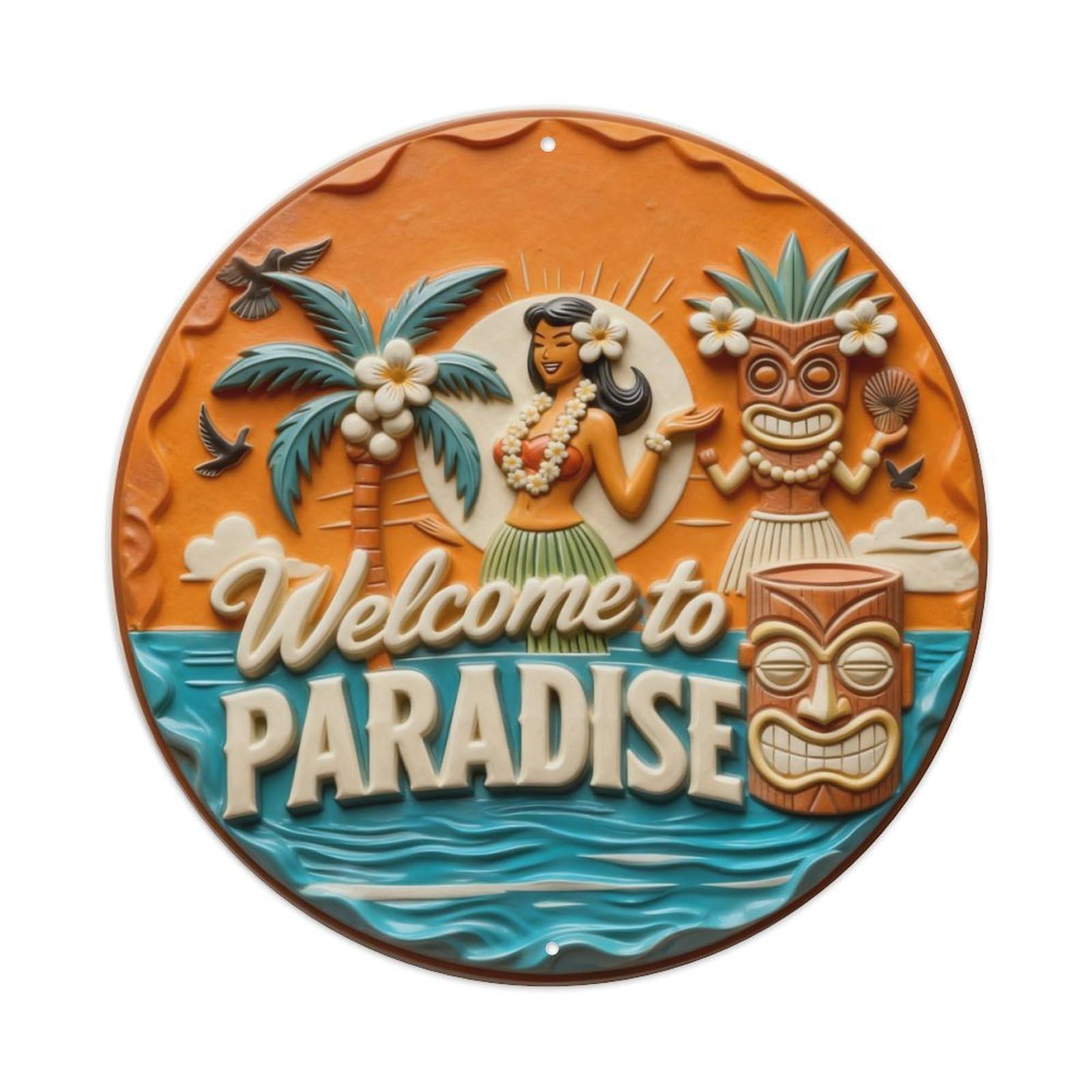 Tropical Paradise Tiki Woman Palm Round Metal Tin Sign Vintage Wall Decor, Bar Garage Cafe Kitchen Home Wall Art Poster 8x8inches