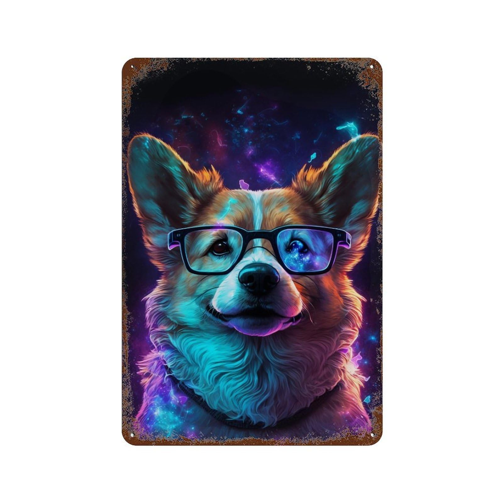 Rust Effect Neon Corgi Glasses Art Print -2 Retro Metal Sign 11.8"x7.9", Novelty Wall Decor for Bistro, Counter And Cafe Decor