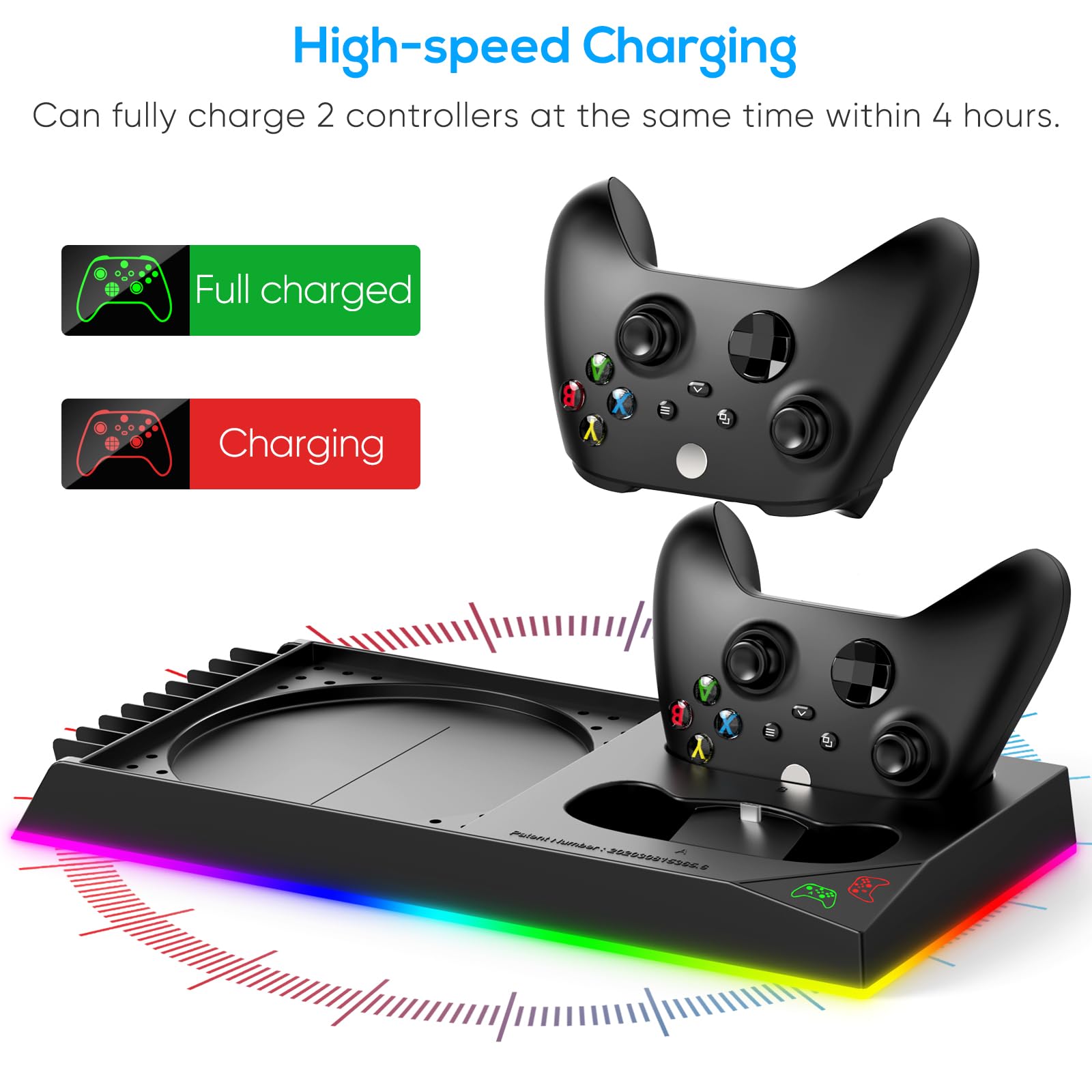FYOUNG Soporte de refrigeración y estación de Carga mejorados para Consola Xbox Series X y Controlador, Sistema de refrigeración de Ventilador con 15 Luces RGB y 2 baterías Recargables de 1400 mAh