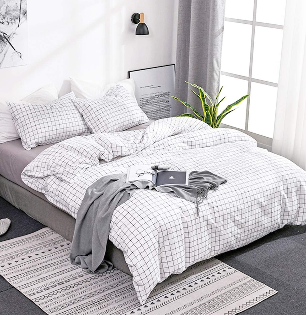 Omela Double Duvet Cover Set Black and White Grid Checkered Pattern Plaid Bedding 1 Duvet Cover + 2 Pillow Cases Ulta Soft Quilt Cover