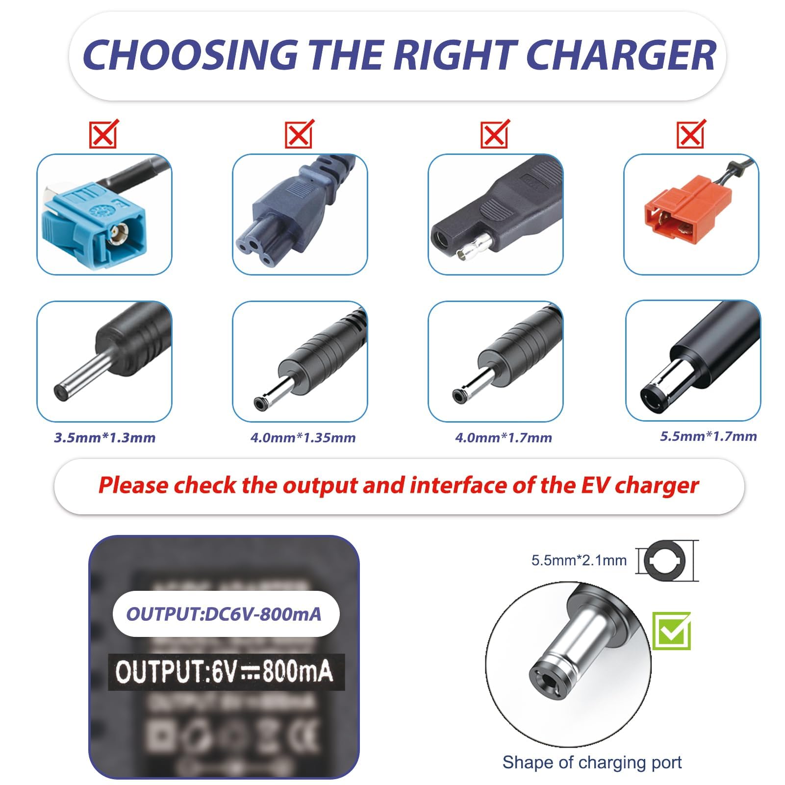 Cargador 6V 800mA para Coche Eléctrico, Adaptador Universal con Indicador LED, Compatible con Moto, Quad 6 Voltios, Conector 5.5mm x 2.1mm (Negro)
