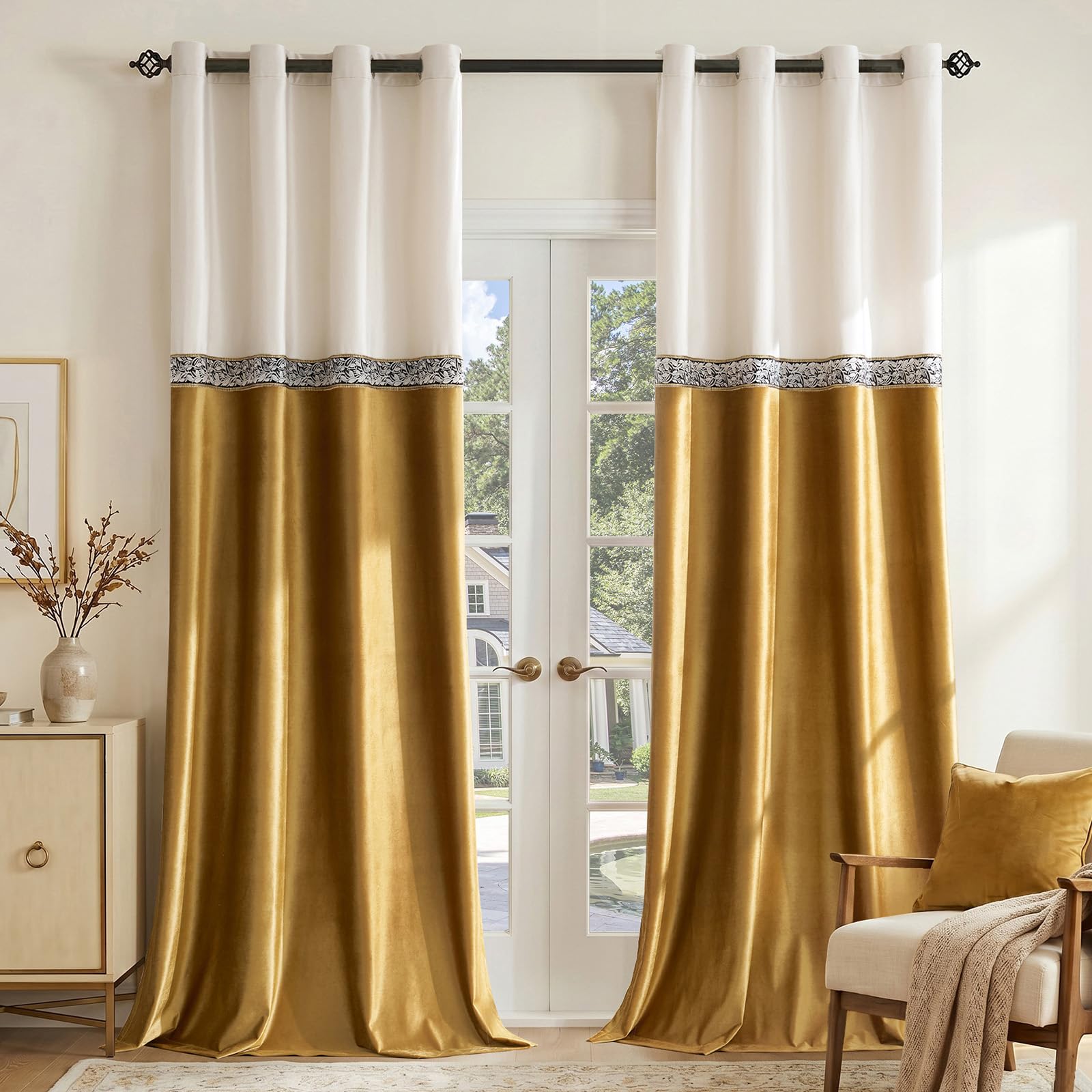 GIGIZAZA Velvet Curtains 90x90 Inch: Ivory Gold 2 Panels for Bedroom Super Soft Eyelet Blackout Living Room Curtains Elegant - Drapes Thermal Insulation Embroidered Window Curtain