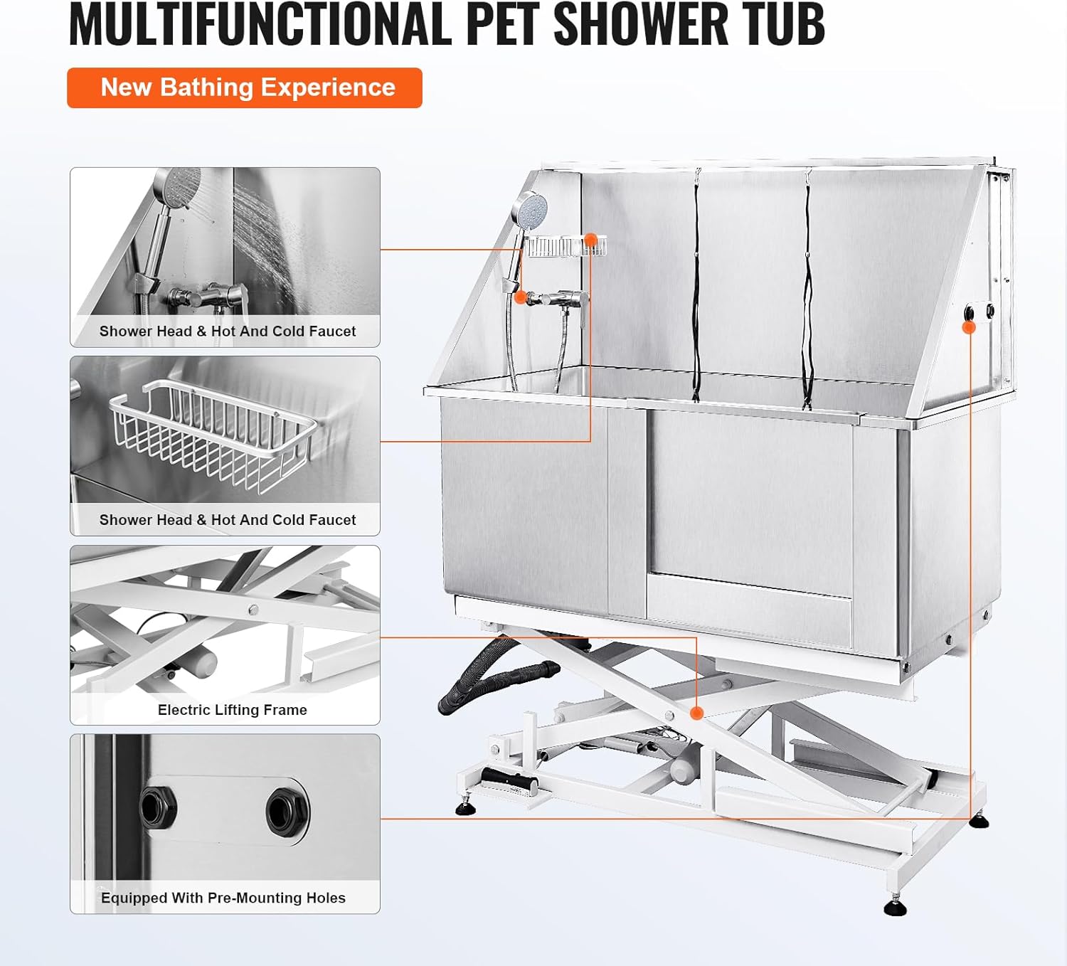 Happybuy 50" Pet Dog Bathing Station with Electric Height Adjustment, Stainless Steel Dog Grooming Tub with Soap Box, Faucet, Accessories, Bathtub for Multiple Pets, Home Washing Sink (Right Side)