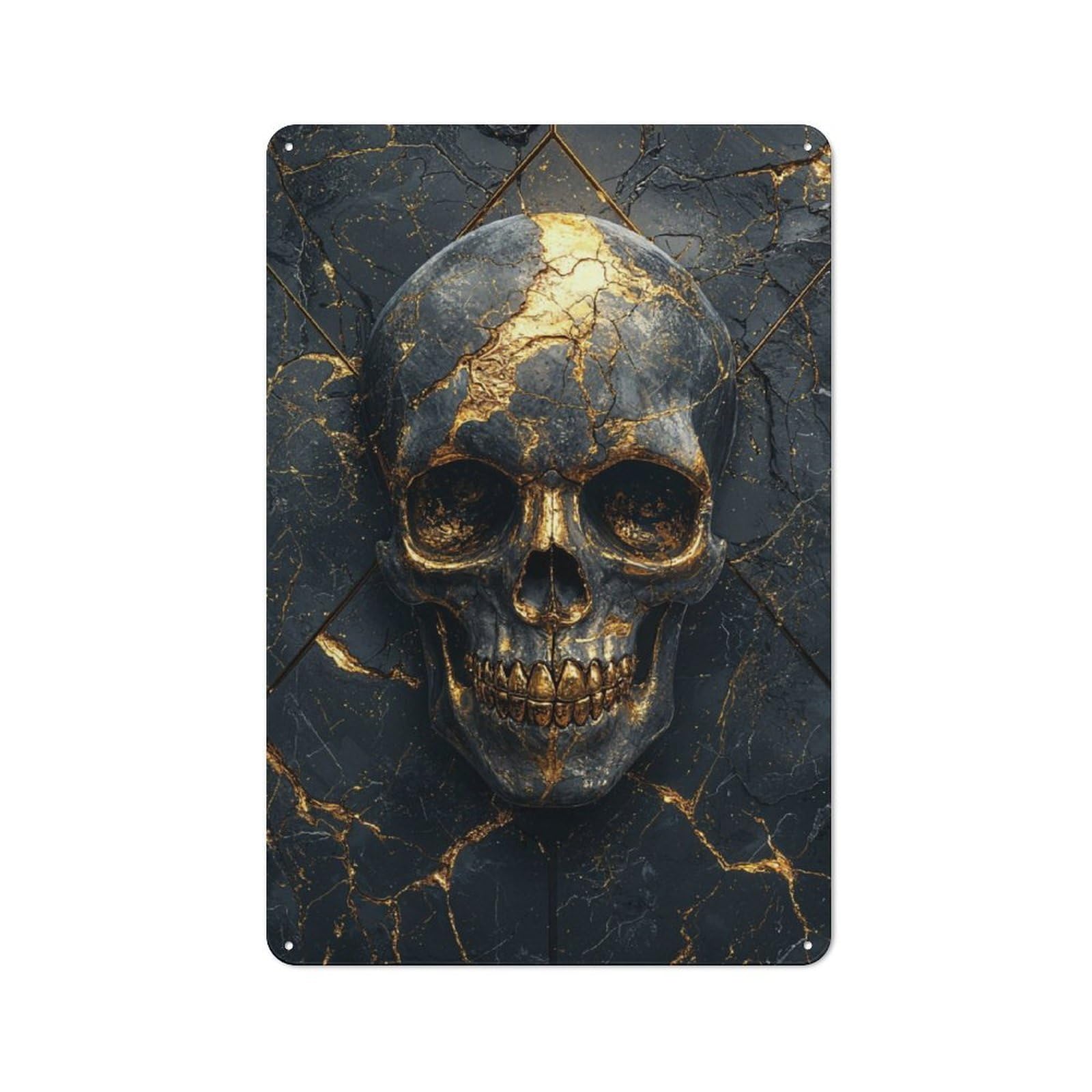 Junmoney Gold Skull On Black Marble Retro Tin Sign 30X20cm For Garage Or Workshop, For Furnishing A New Garage And Workshop With Retro Decor