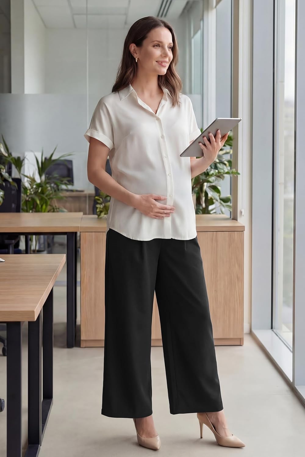 OUGES Women's Stretchy Maternity Pants Over Belly Wide Leg Business Casual Work Trousers Pleated Dressy Pants with Pockets