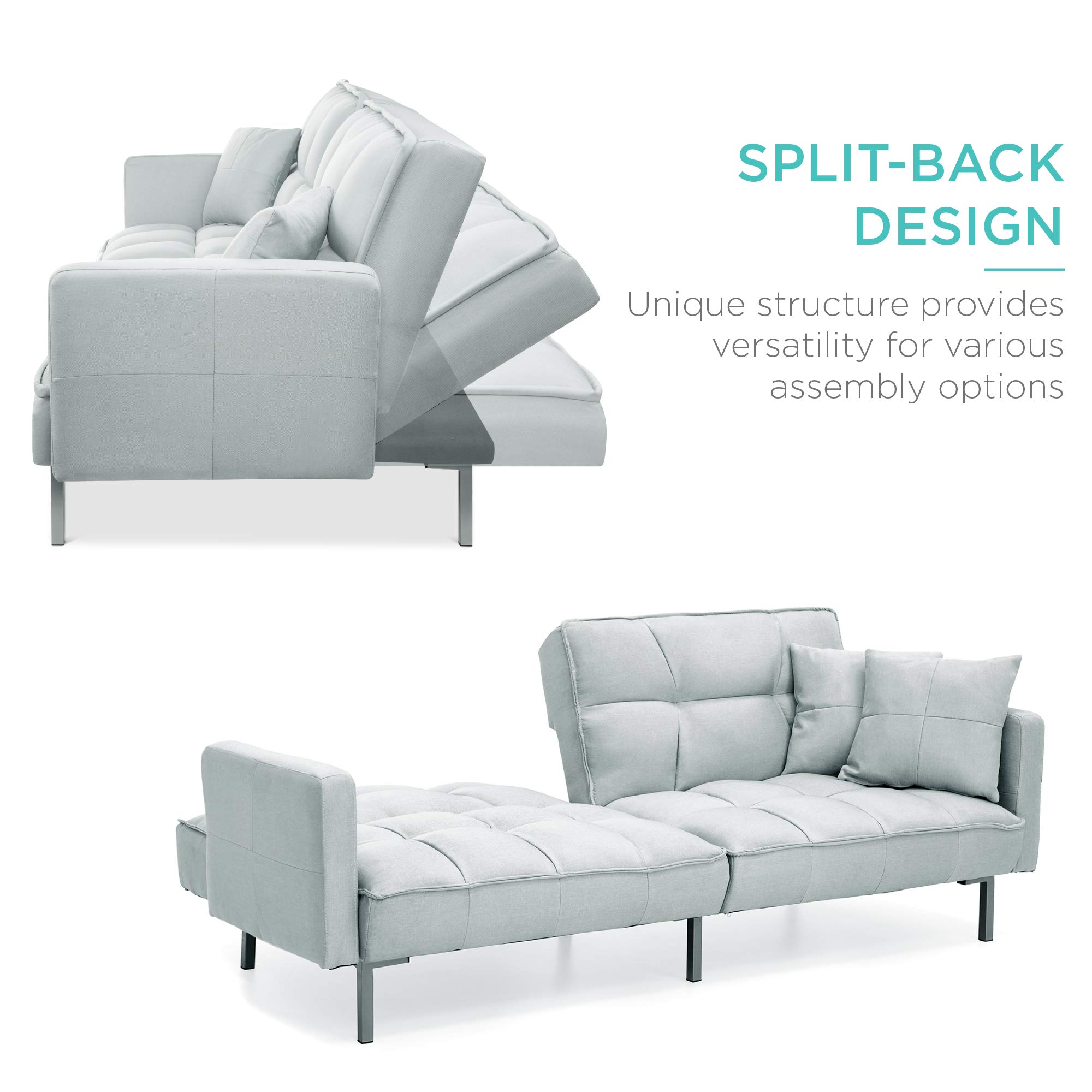 Best Choice Products Convertible Linen Fabric Tufted Split-Back Plush Futon Sofa Furniture for Living Room, Apartment, Bonus Room, Overnight Guests w/ 2 Pillows, Wood Frame, Metal Legs - Light Gray
