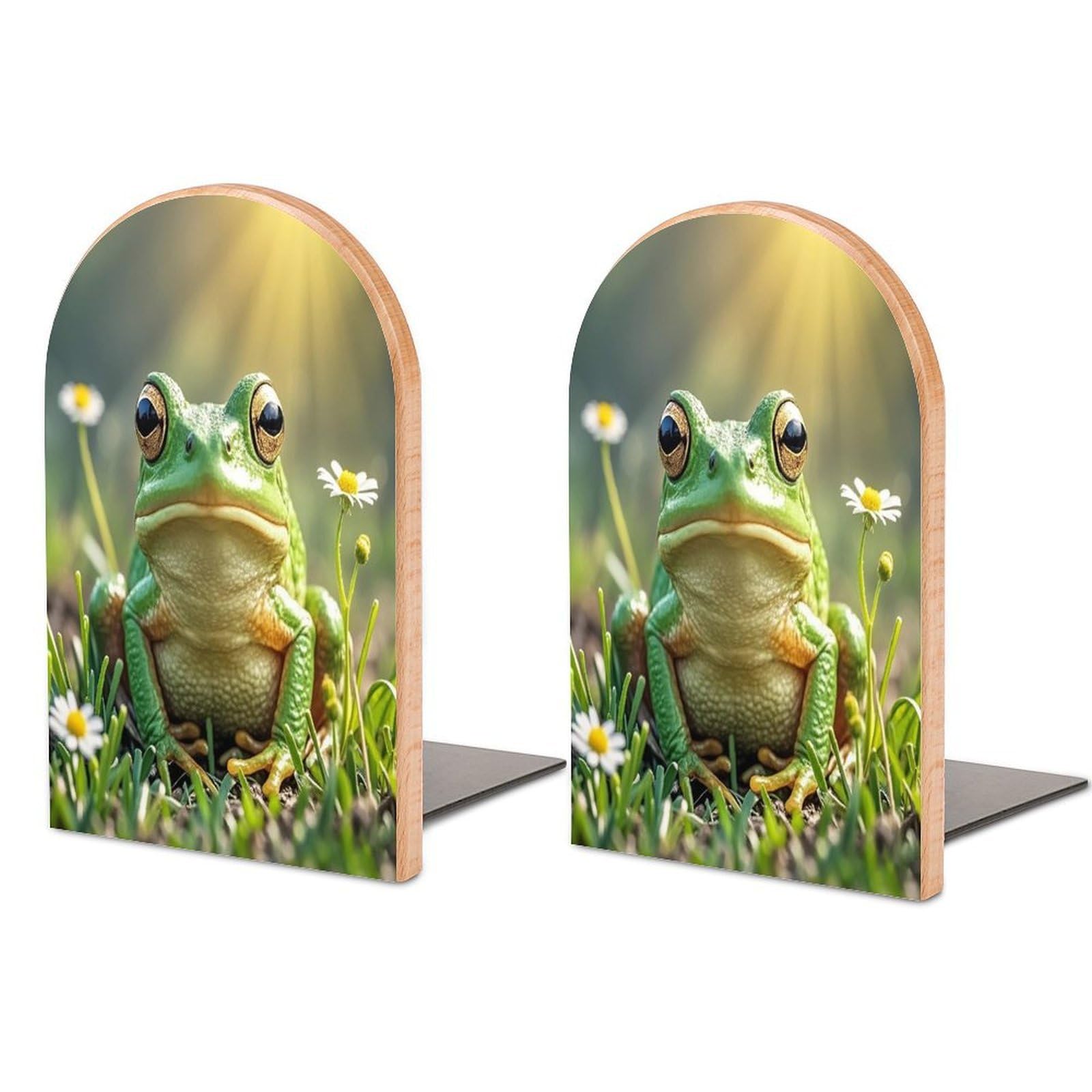 Cute Frog Bookend Non-Skid Wooden Bookends for Shelves Heavy Duty Wood Book Ends Decorative Book Stopper Book Stand Non-Slip Book Organizer for Home Office Library
