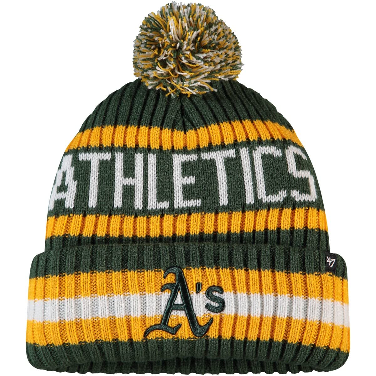 Men's Oakland Athletics 47 Mlb Unisex-Adult Officially Licensed Primary Logo Bering Sport Knit Cuffed Pom Beanie Cold Weather Hat, One Size