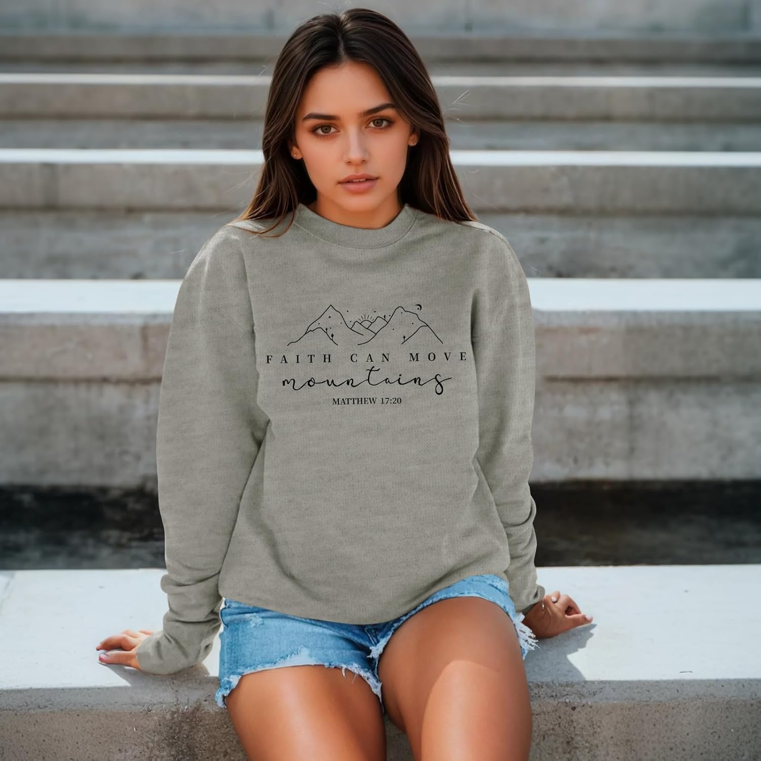Christian Sweatshirts for Women Faith Can Move Mountains Sweatshirt Bible Verse Religious Crewneck Long Sleeve Tops(Heather Gray,L) - Image 5
