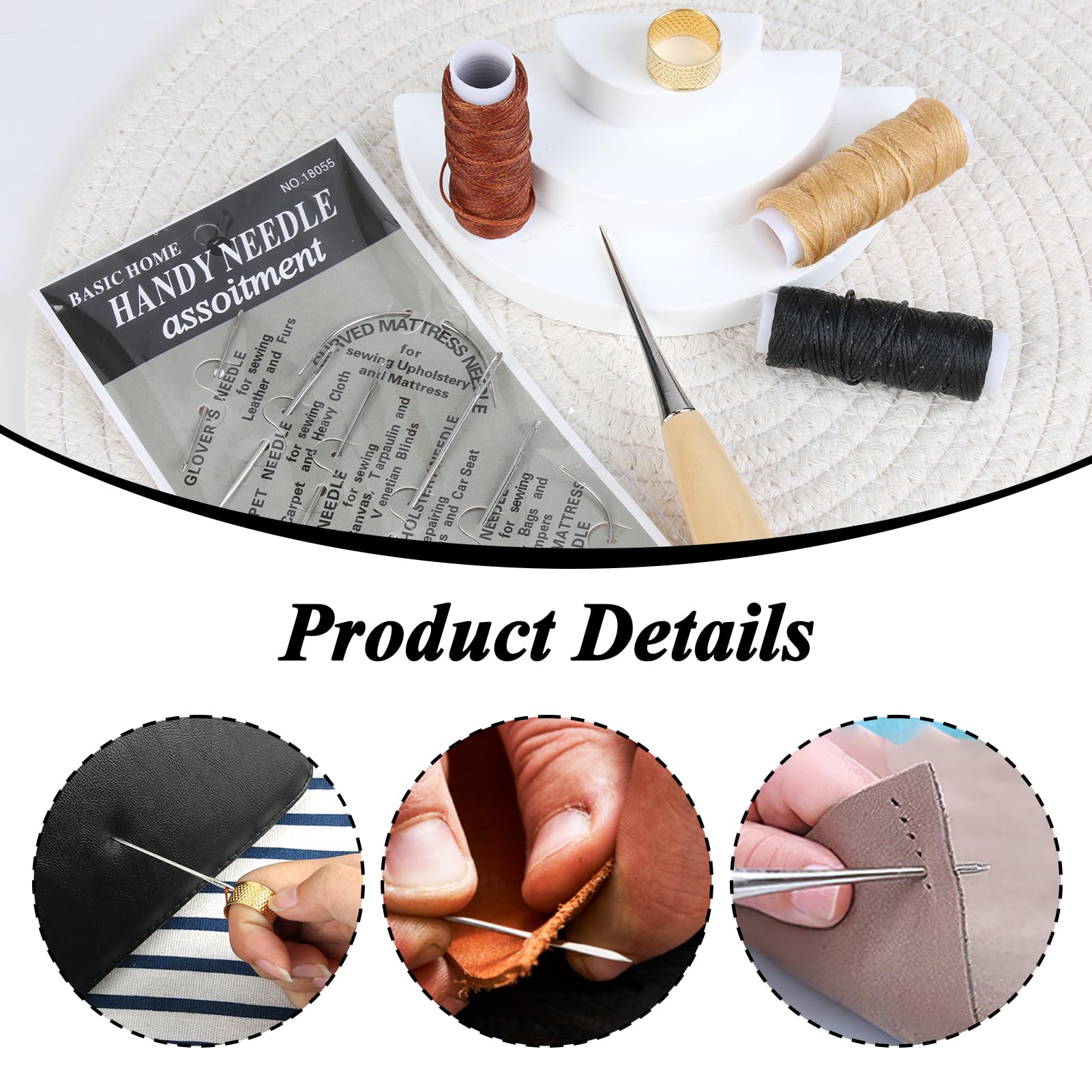 Leather Needles for Hand Sewing 12pcs Curved Needles Kit for Upholstery Repair Waxed Thread 12m Cord - Image 3