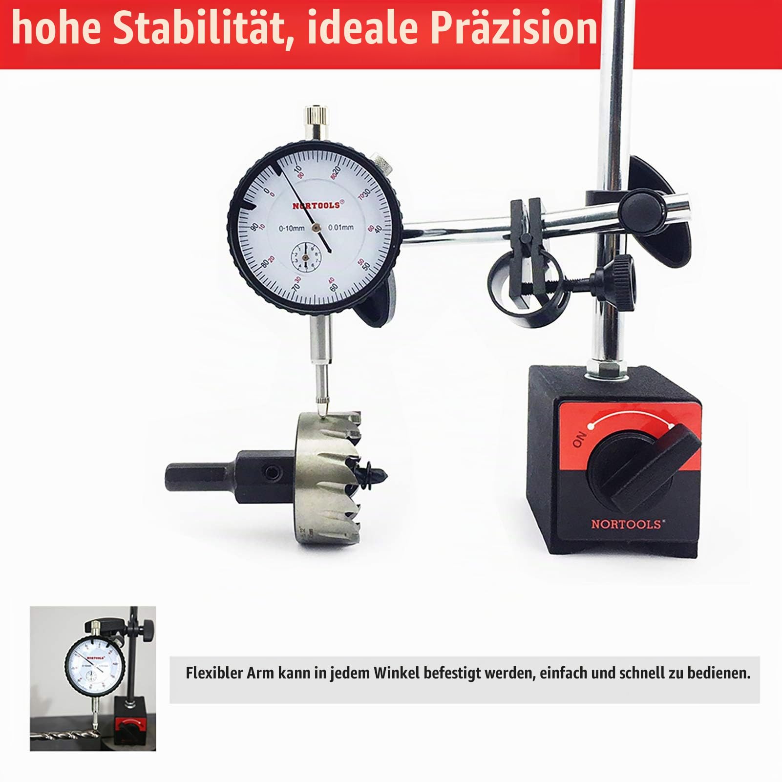 Messuhr mit Magnetfuß 0-10mm & Feinzeiger-Set 0.01mm Präzisions-Messgeräte-Set, Magnet-Messuhr-Halter mit Feineinstellung