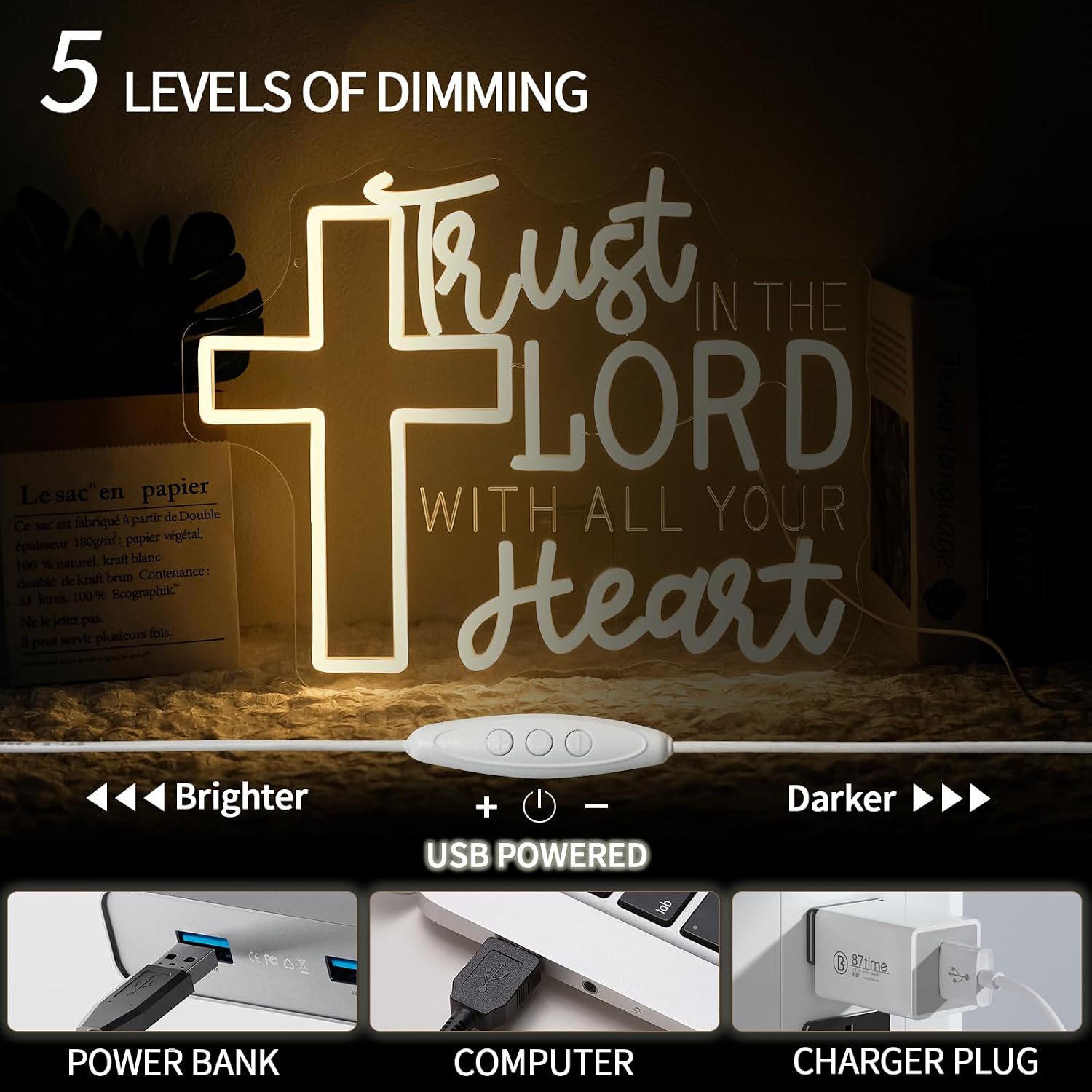 Trust in the Lord with All Your Heart Neon Sign for Wall Decor Dimmable Cross Neon Light Sign for Wall Decor Christian Led Signs for Easter Holiday Church Prayer Party Decor 15.7" x 12.3"
