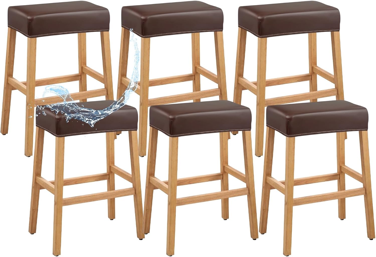 PU Leather Bar Stool Covers Rectangular, 100% Waterproof Stool Covers Rectangle Super Stretch 20% Thicker Leather Saddle Stools Cover Rectangular Counter Bar Stools with Elastic Band (6 PCS, Coffee)