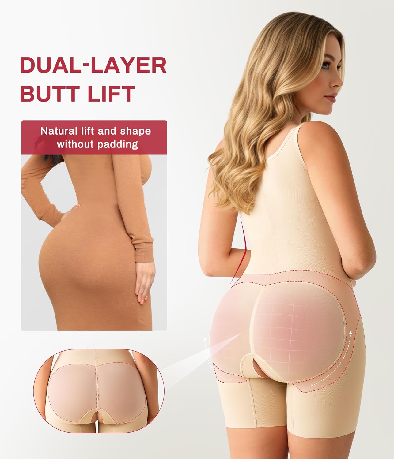 Nebility Shapewear Bodysuits for Women Tummy Control Body Shaper Butt Lifter Open Bust Mid-Thigh Compression Body Suits - Image 3
