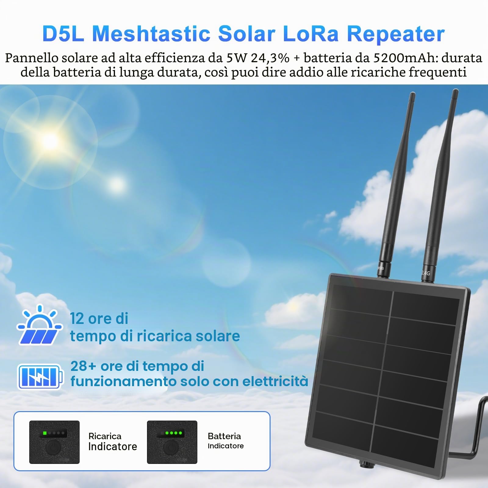 D5L Meshtastic Solar-LoRa-Repeater, compatibile con nodi Meshcore Meshtastic, antenna 868 MHz, pannello solare, batteria integrata da 5000 mAh e regolatore di carica