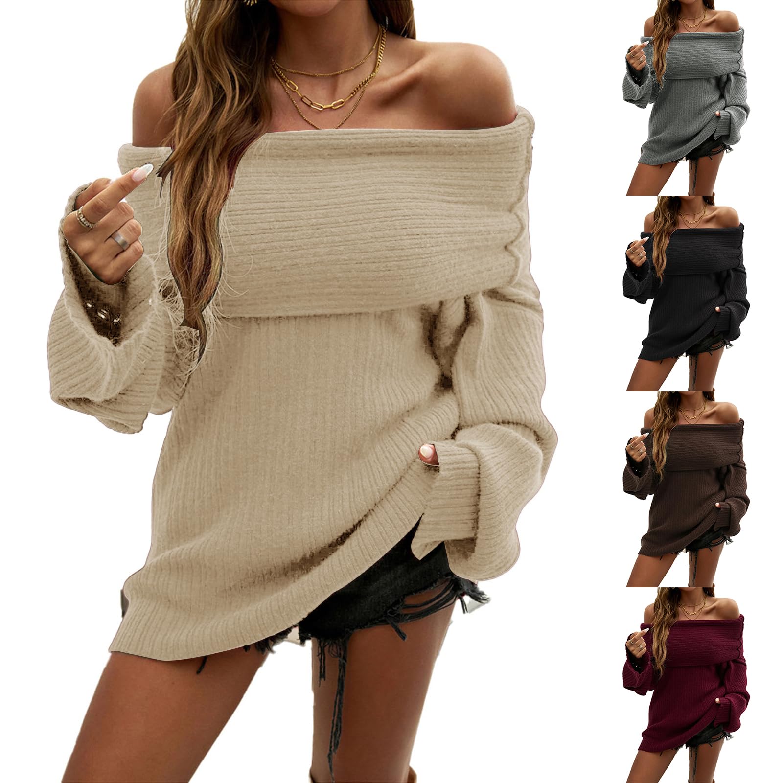 Womens Off Shoulder Sweater Casual Elegant Long Sleeve Pullover Tops 2025 Fall Winter Cable Knit Sweater