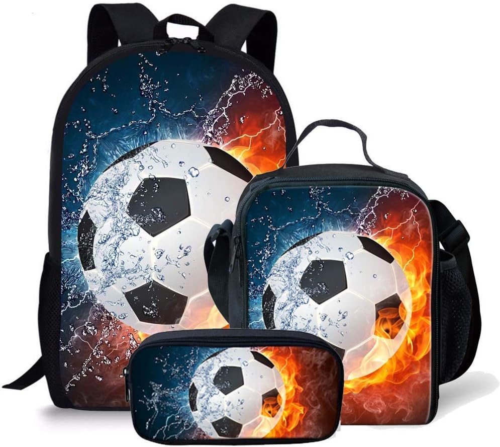 ZERODATE Football Soccer Kids Backpack School Book bags + Lunch Bag+Pencil Bag Gray for Children Girls Boys