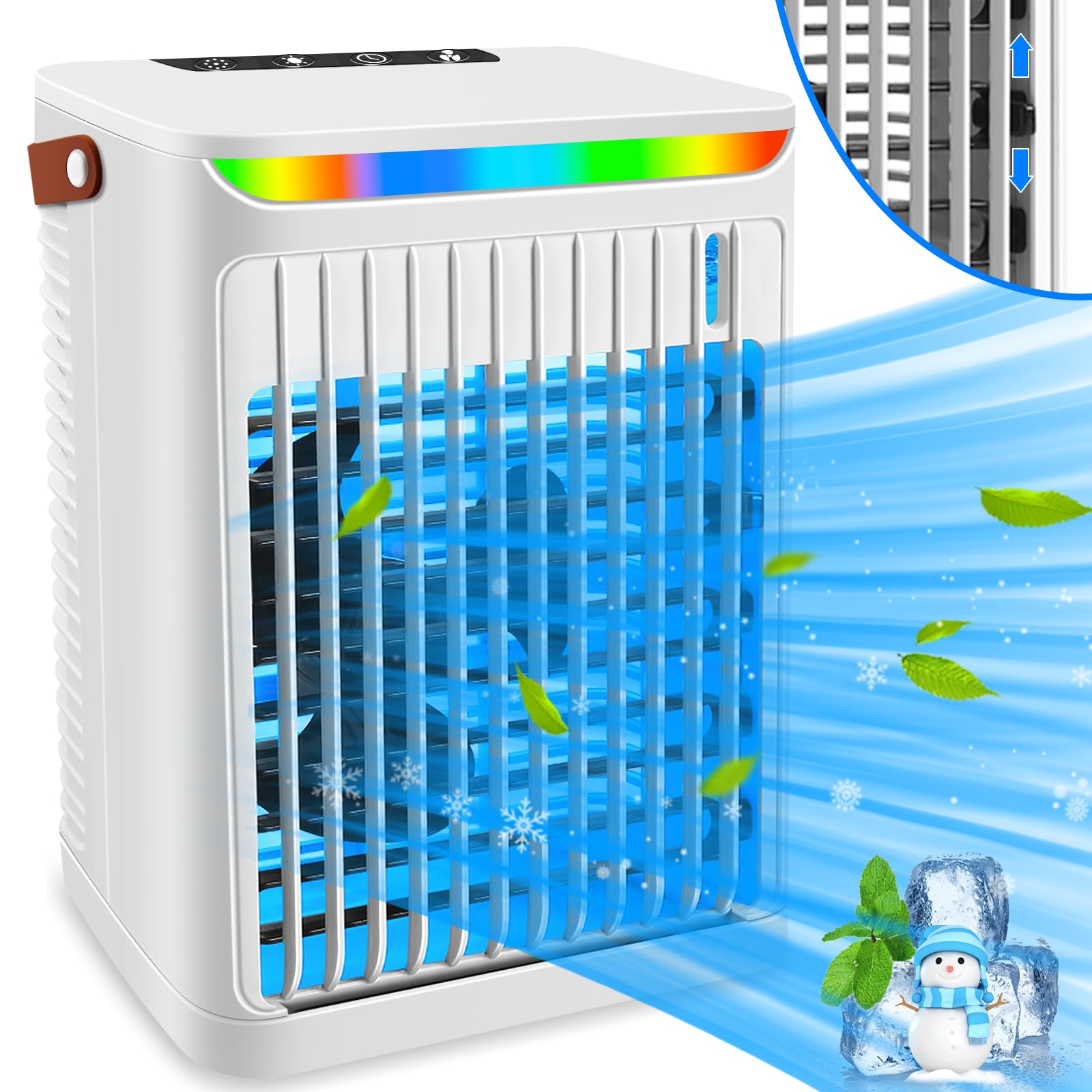 Portable Air Conditioner Mobile 5-In-1 Mini Fan,Evaporative Cooler and Humidifier,3 Fan Speeds, Personal Air Conditioning, Adjustable Rotary Fan, Timer & 7LED lights, for Home Office-White