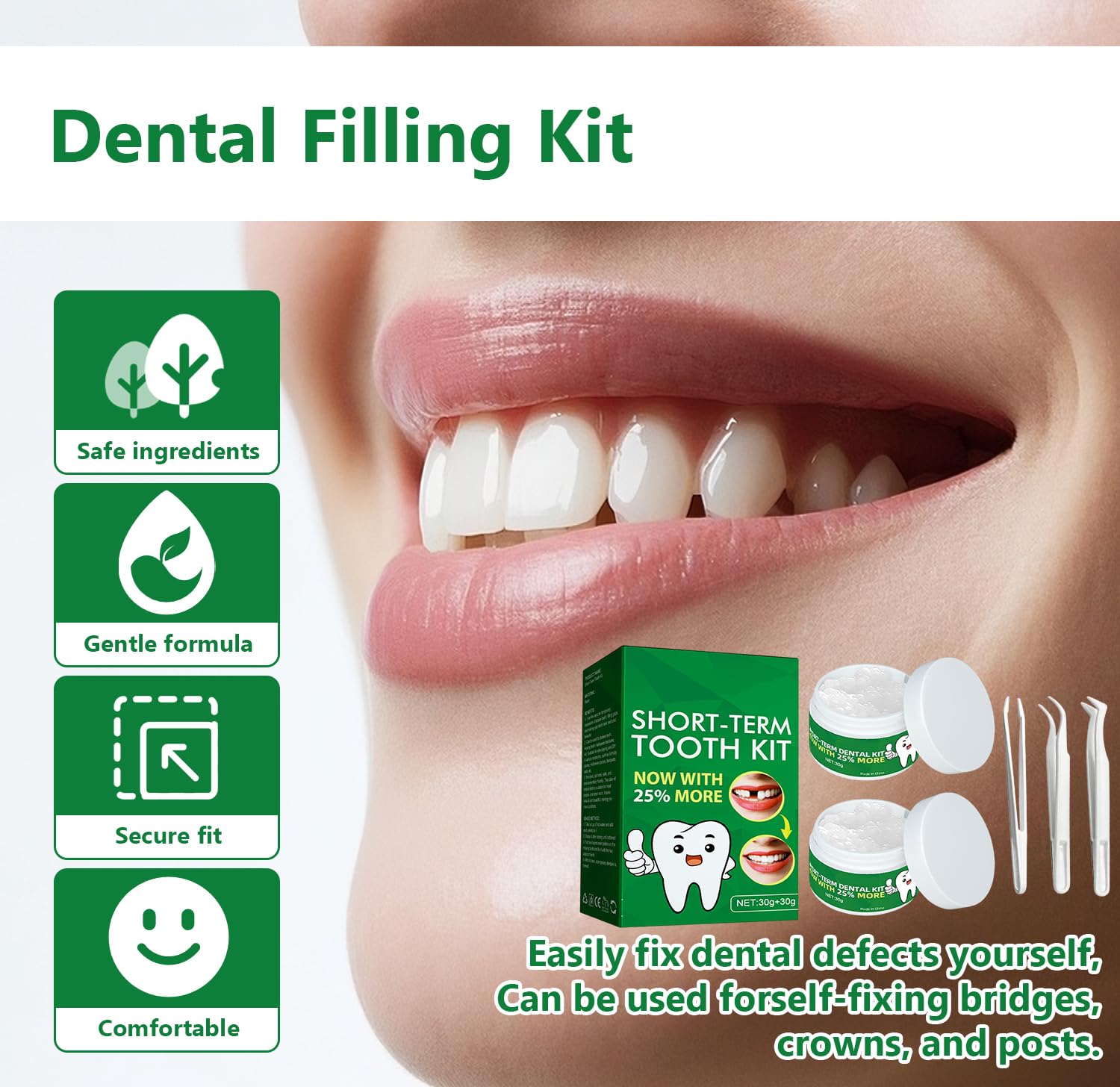 Cemento Dental Permanente 60g Kits de Empastes Dentales Perla Dental Reparación Dientes Falsos Moldeables