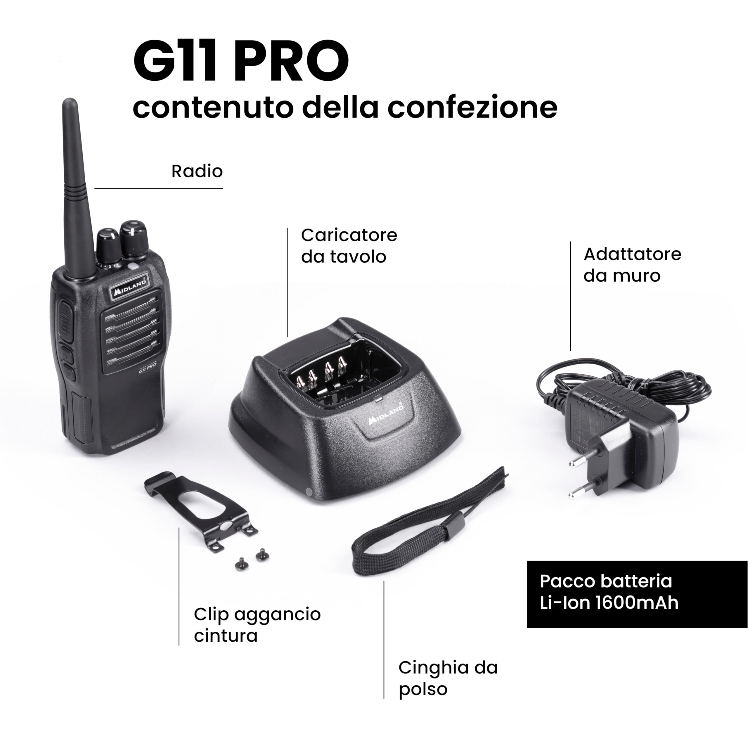 Midland - Walkie Talkie G11 Pro, Radio Ricetrasmittenti Professionali con 32 Canali PMR446, Batteria Li-Ion 1600mAh Ricaricabile e Accessori - Autonomia 22H, Copertura 12Km, VOX, 2 Pin Kenwood