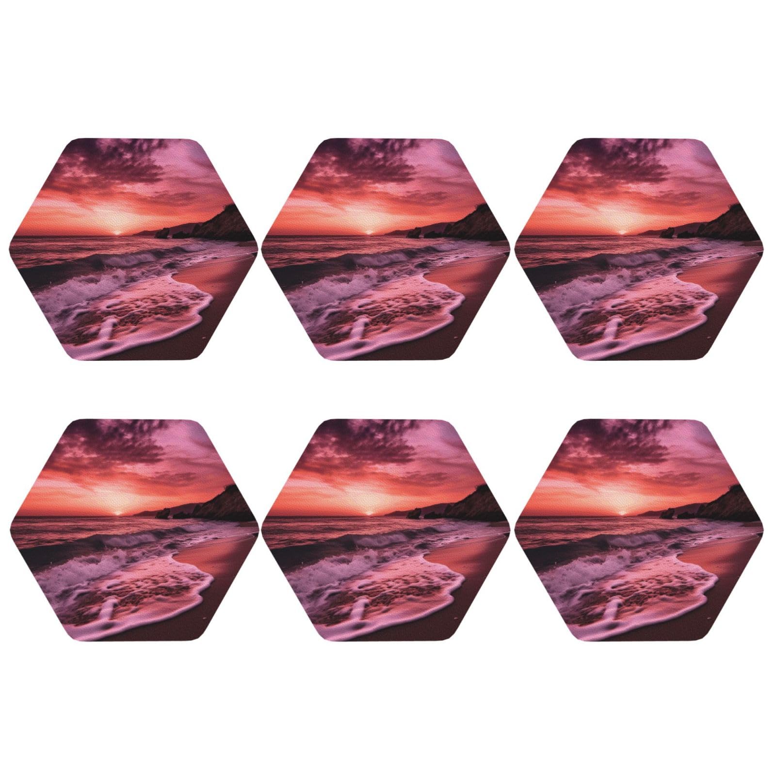 6pcs Leather Coasters for Drinks, Beach Sunset Drink Coasters for Tabletop Protection, 4" Cup Coasters for Coffee Table Decor, Non-Slip Drinking Cup Mat for Hot Or Cold Drink