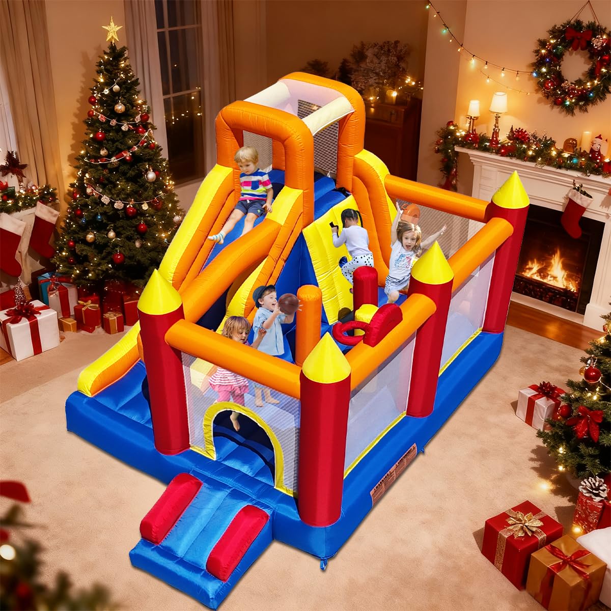 Baralir Inflatable Bounce House with 12x8 Ft Oversized Jump Area, 88'' Extra-Long Slide Kids Bounce House with Climbing Wall, Obstacle Poles & Hoop- Durable & Safe Backyard Fun for Kids