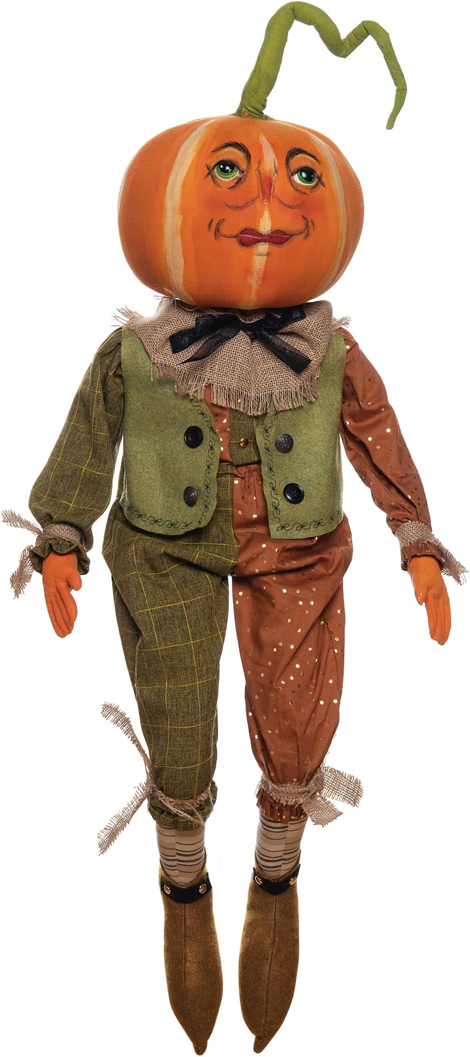 Patton Pumpkin Joe Spencer Gathered Traditions Soft Art Doll Fall Autumn Harvest Halloween Spooky Scary Figure Figurine Home Living Room End Table Indoor Decor Decoration Green