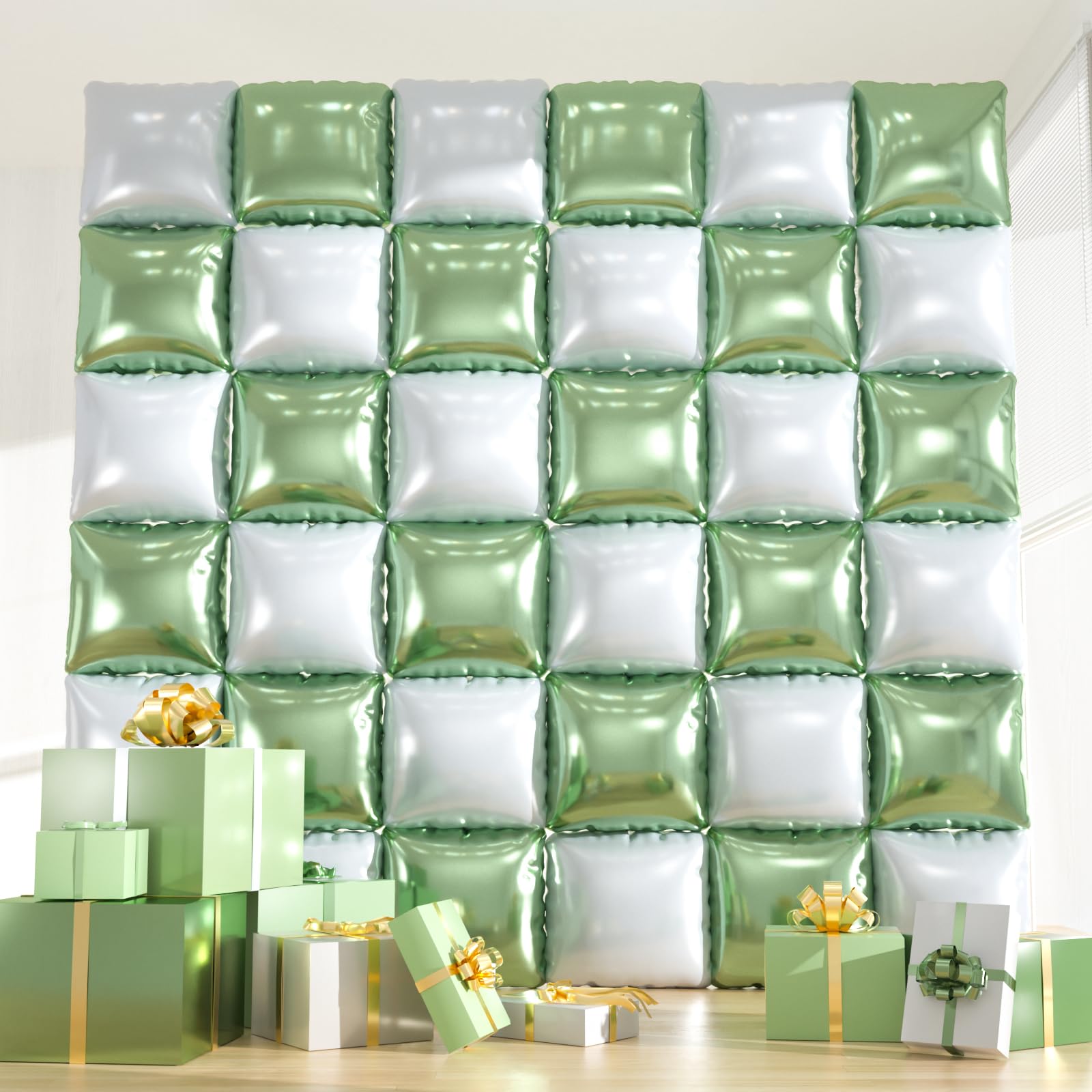 36pcs Sage Green & White Square Foil Balloons - Double-Sided Mylar Balloon Backdrop Kit for Birthdays, Graduation 2025, New Year, Photo Booth Decor (
