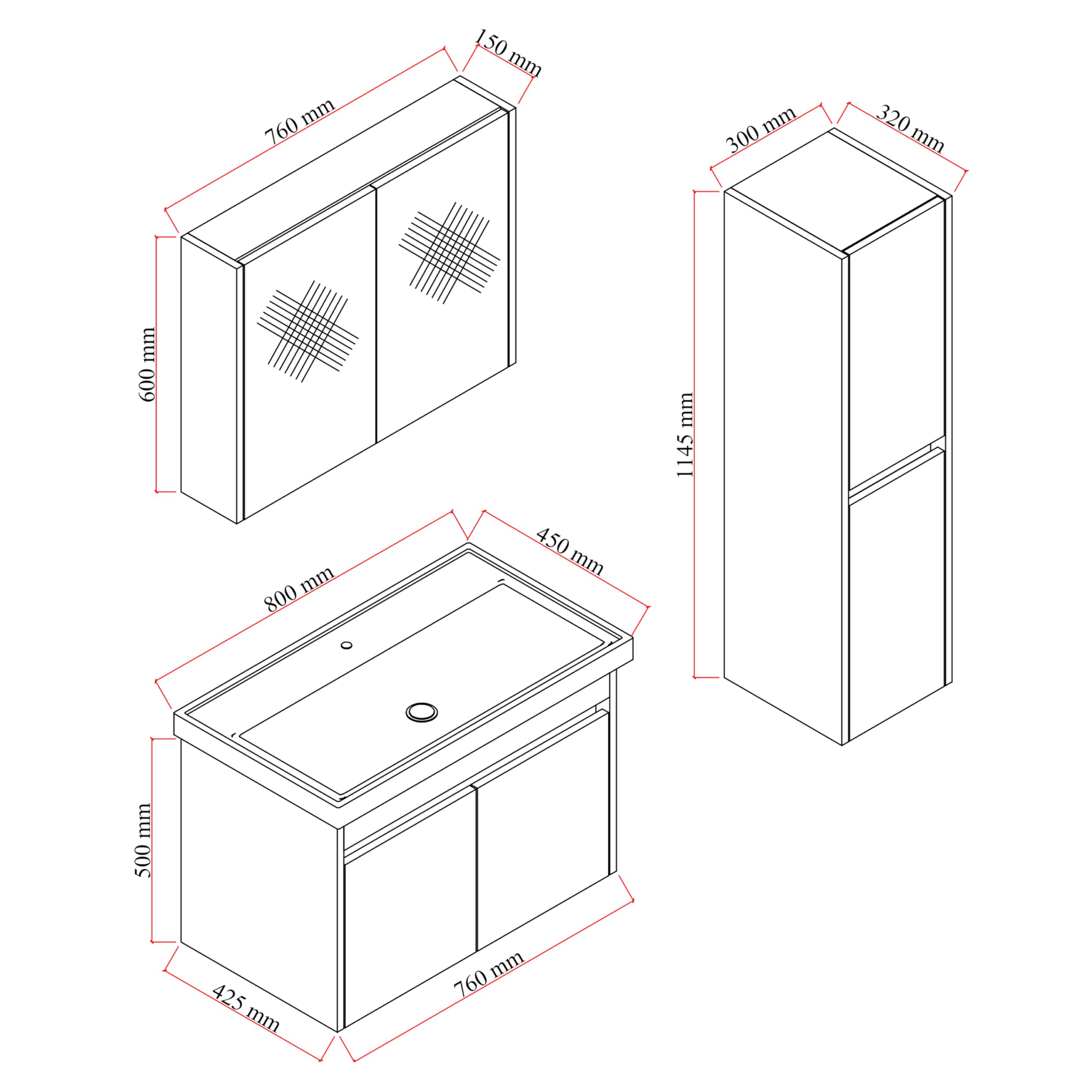 Badmöbel Set in 80 cm Breite Dallas | 4er Badezimmermöbelset Farbe: Eiche & Anthrazit | Waschtischunterschrank, Spiegelschrank, Hochschrank und Waschbecken | Waschtisch mit Unterschrank in 80 hängend