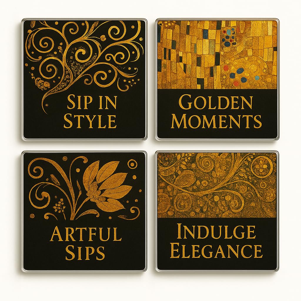 The Plum Penguin Gilded Whimsy Acrylic Coaster Gift Set Of 4 With Gustav Klimt Inspired Art - Drinkware Decor For Art Lovers