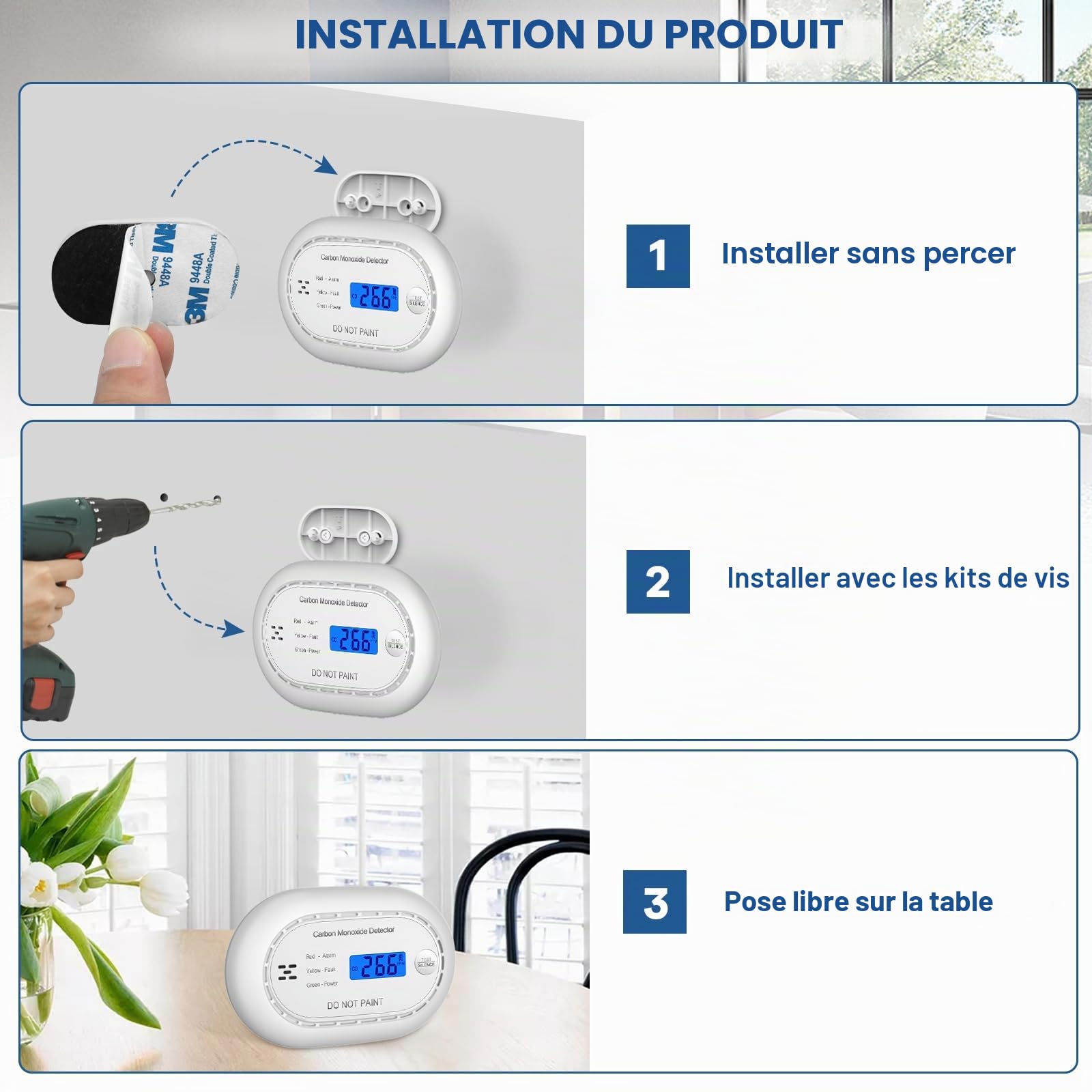 Détecteur de monoxyde de carbone avec écran numérique LCD, alarme de CO certifiée CE avec batterie scellée en 10 ans, détecteur de CO sonore autonome pour la maison, noir, 1 paquet