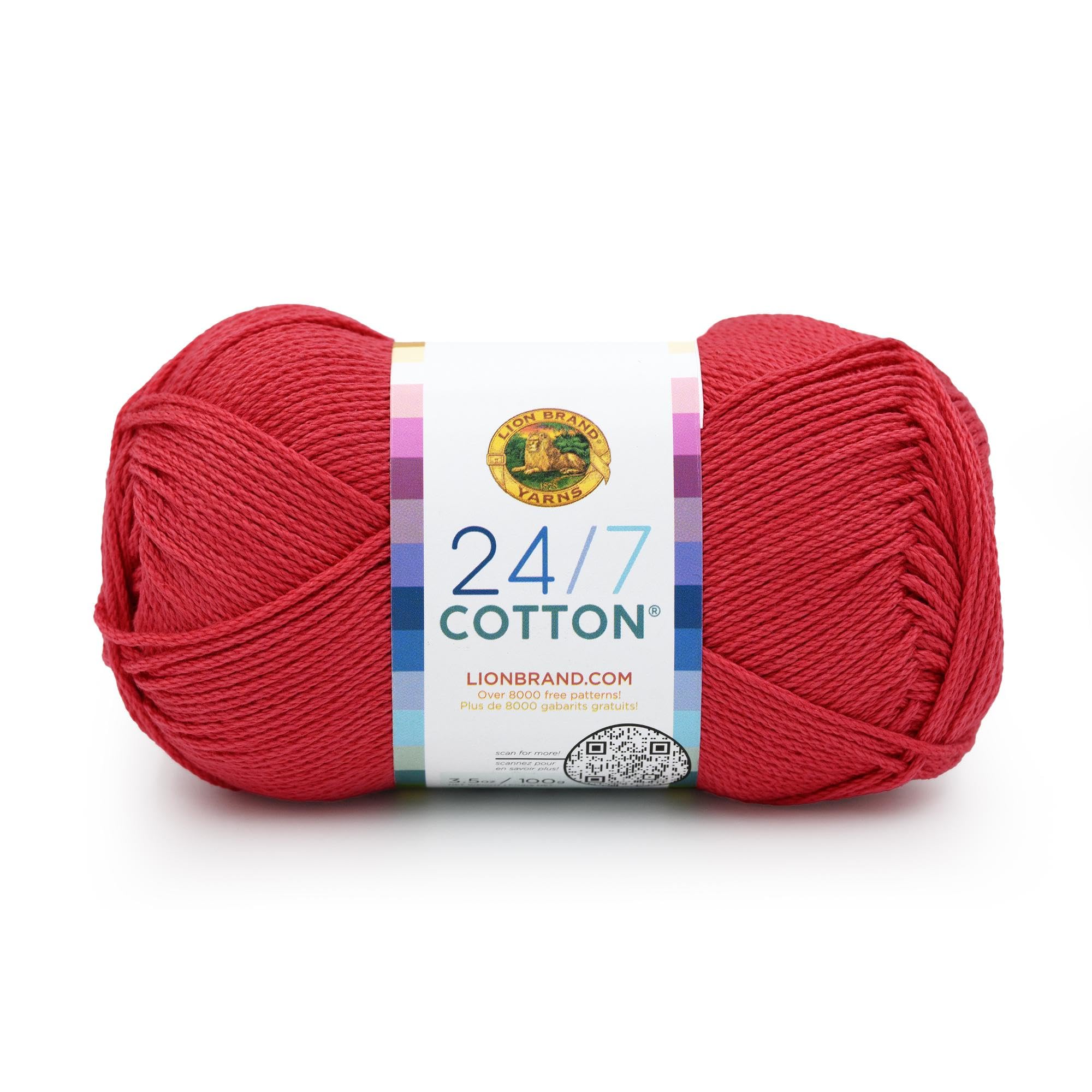 Lion Brand Yarn, 24/7 Cotton Yarn, Cherry Pop, Red, 1 Pack