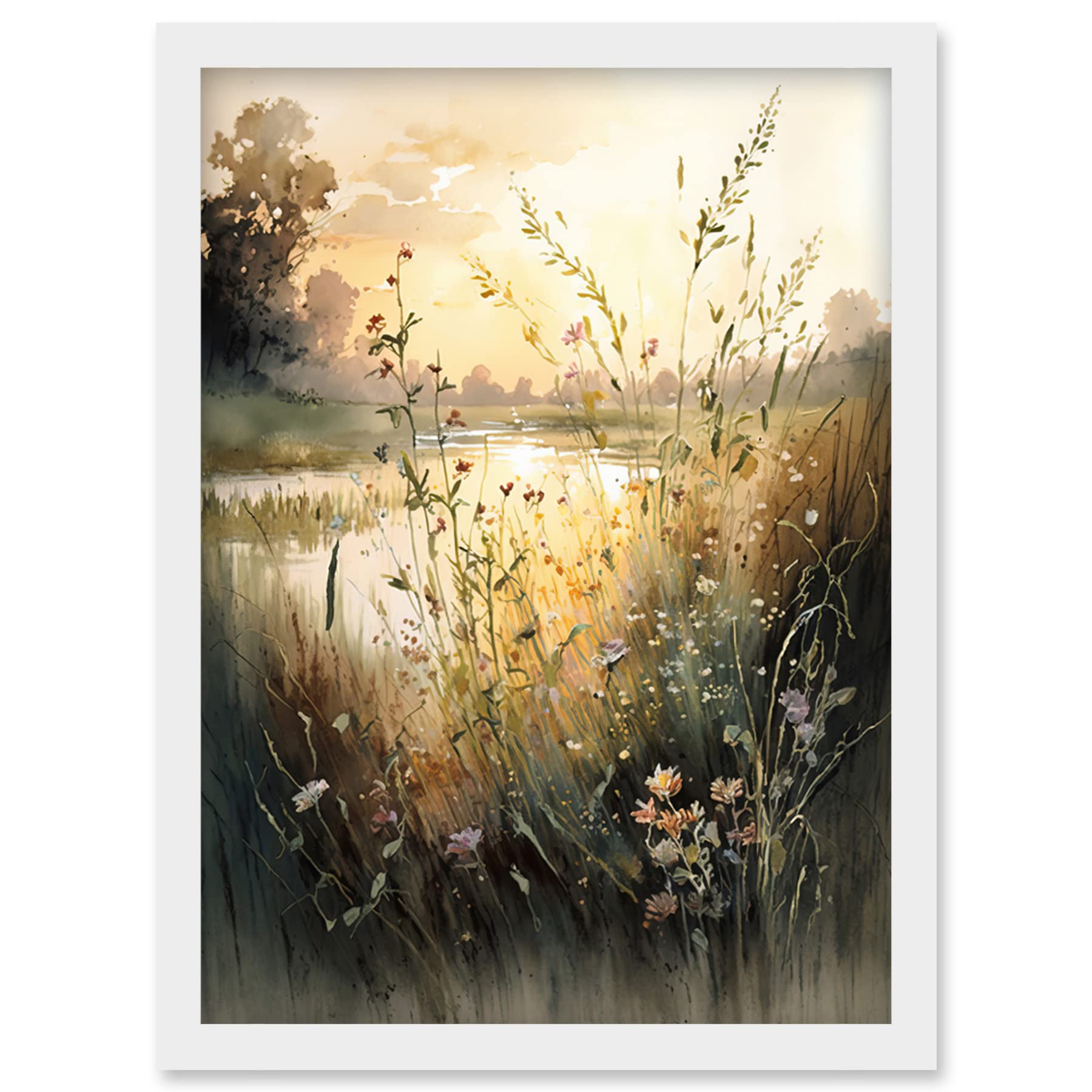 Artery8 Watercolour Painting Artwork - Serene Lakeside Landscape with Wildflowers at Dawn - Framed Wall Art Print A4