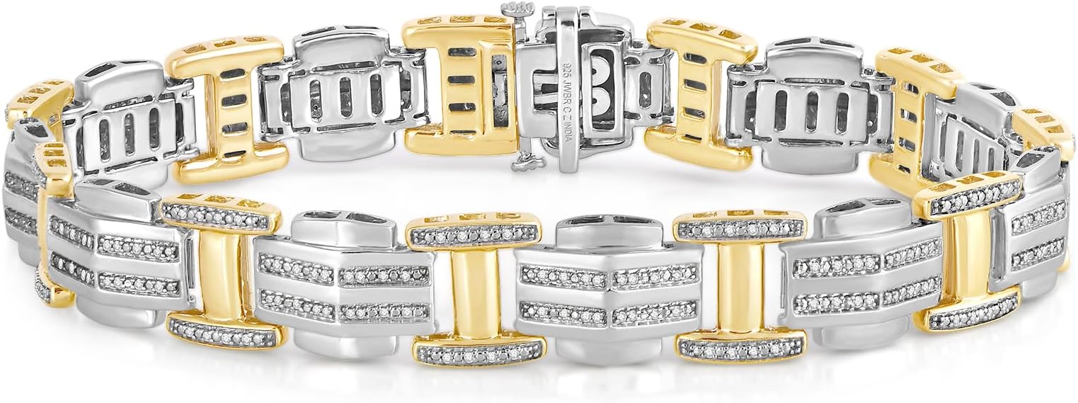 Jewelili'Jewelili Men's Sterling Silver or Yellow Gold over Sterling Silver Link Bracelet with Natural White Round Diamonds, 1/2 cttw, 8.5'''