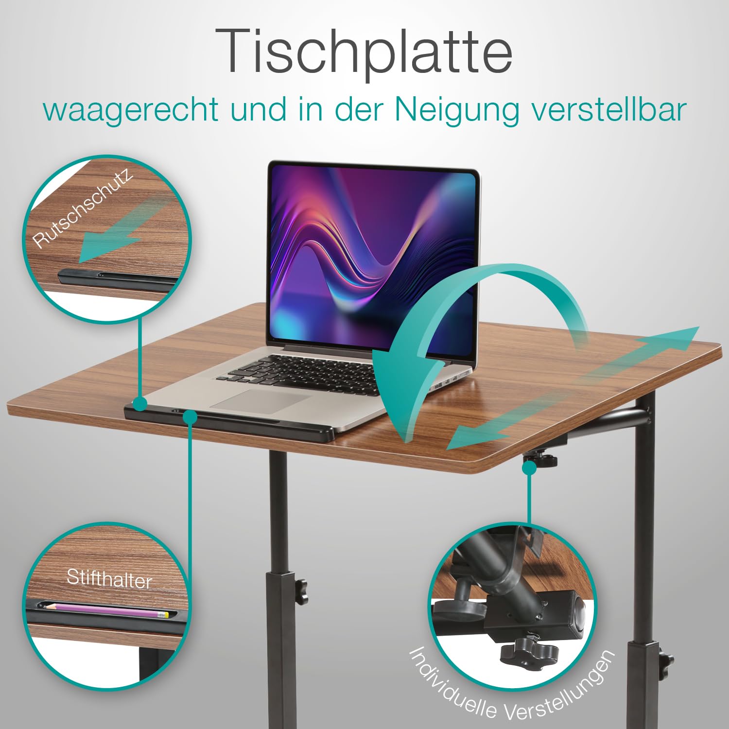 maxVitalis mobiler Laptoptisch Schreibtisch Computertisch Pflegetisch höhenverstellbar mit Rollen, Tischplatte neigbar, Multifunktionaler Beistelltisch für Bett Sofa Couch, Laptopständer (Holz-Optik)