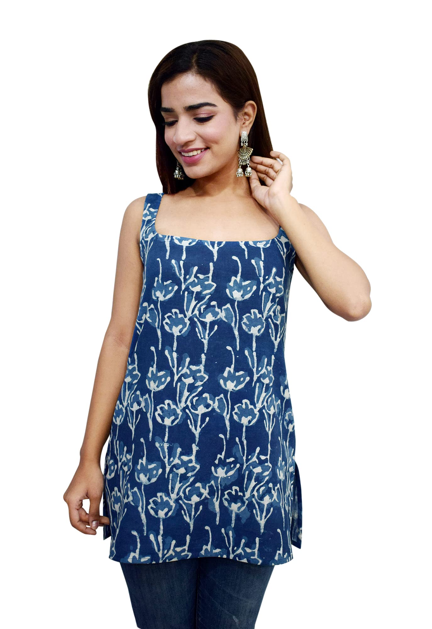 JAIPUR HAND BLOCKWomenâ€™s Sleeveless Cotton Broad Neck Kurti Top, Indigo, 40