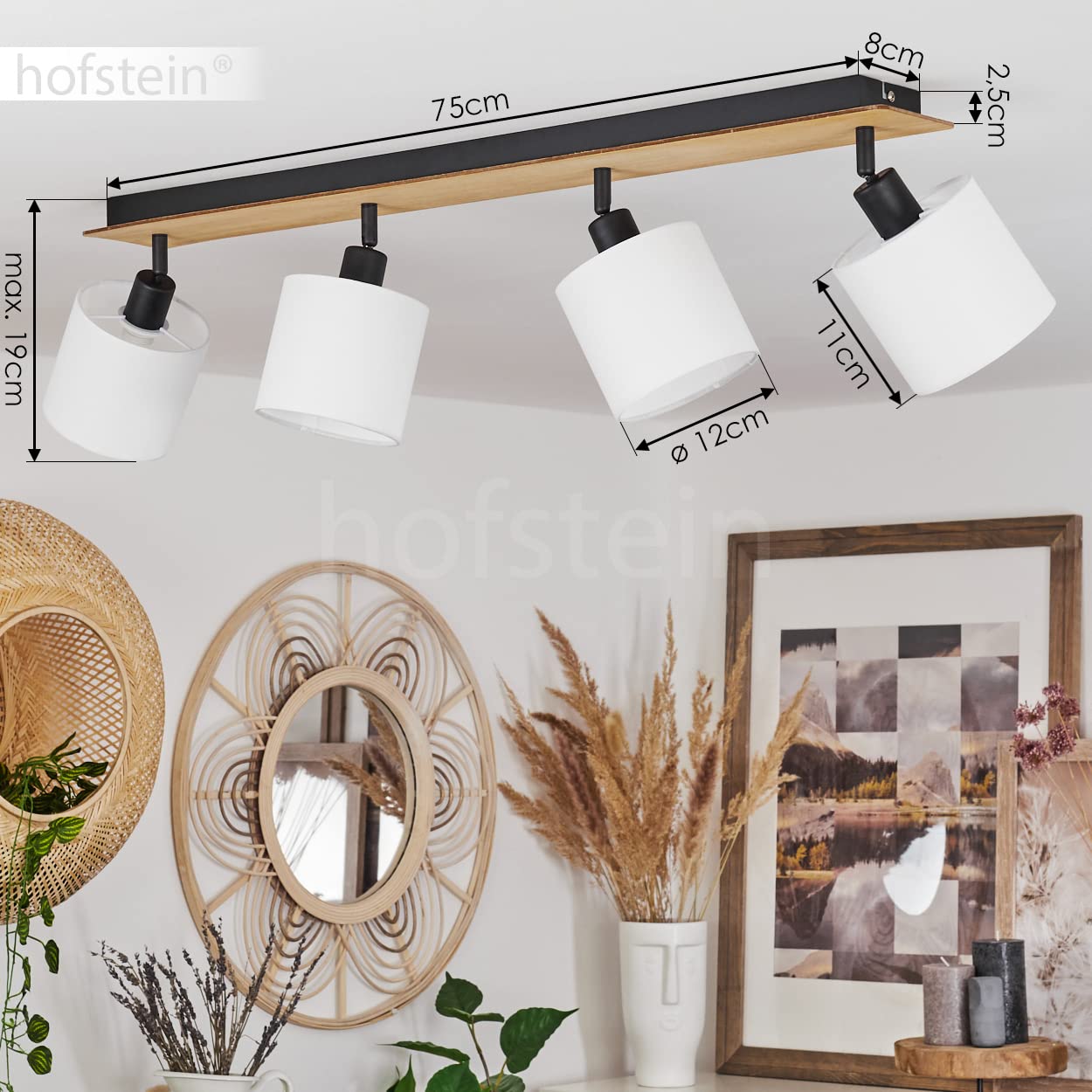 Plafonnier Alsen, plafonnier moderne en bois/métal/tissu naturel/noir/blanc, luminaire au design scandinave avec abat-jour orientable, 4 flammes, 4 x E14, sans ampoules
