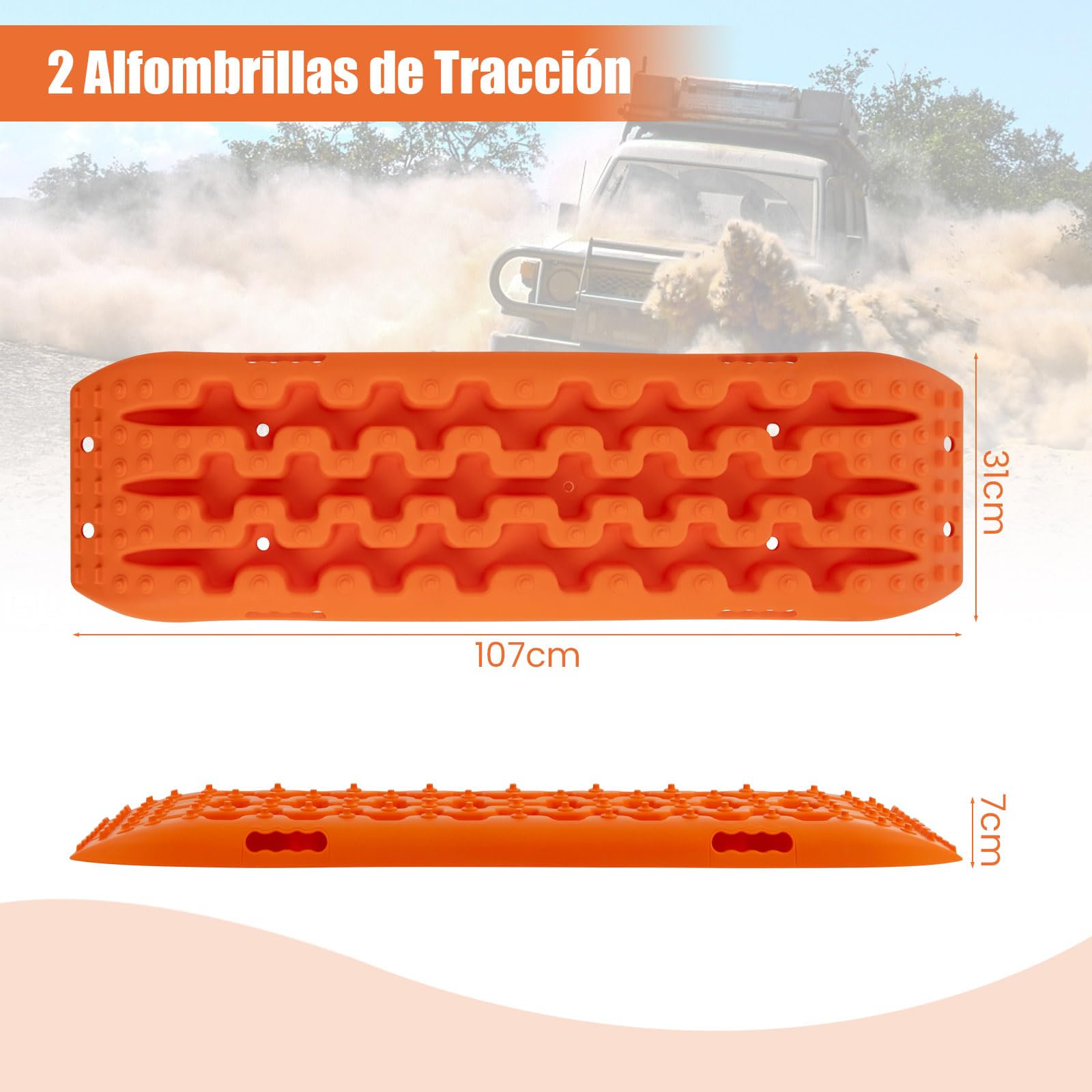 COSTWAY Tablas de Tracción Todoterreno, Alfombrillas de Tracción de 2 Piezas para Nieve, Extracción y Recuperación de Vehículos, para Llantas y Alfombrilla de Tracción (Naranja, 107 x 31 x 7 cm)