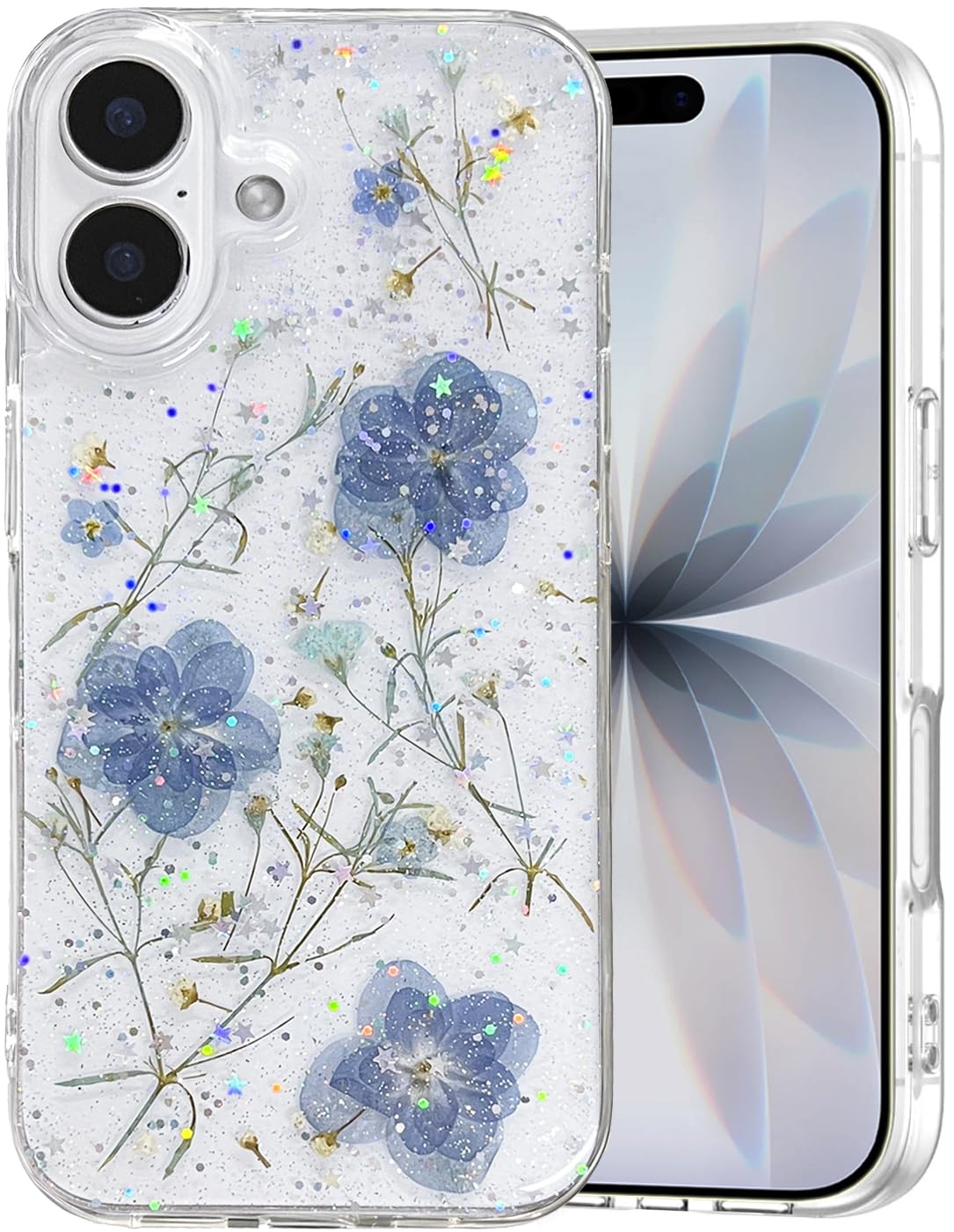 Funda Transparente para iPhone 16 Plus, diseño Floral con Flores Azules y violetas prensadas Reales, Bonito Brillo Brillante, Delgada, Suave, TPU, Transparente, para Mujeres y niñas